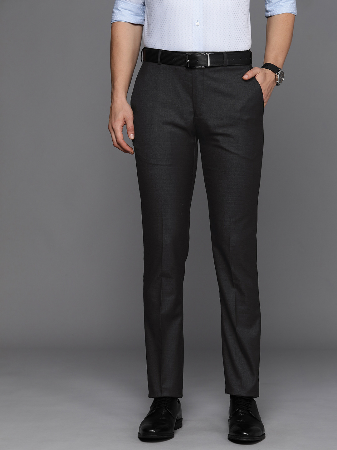 

Raymond Men Mid-Rise Slim Fit Checked Formal Trousers, Black