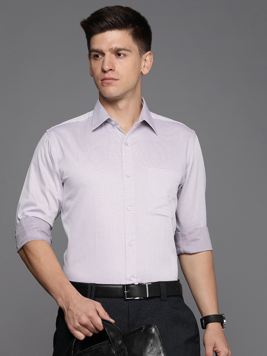 

Raymond Pure Cotton Self Design Textured Slim Fit Formal Shirt, Purple