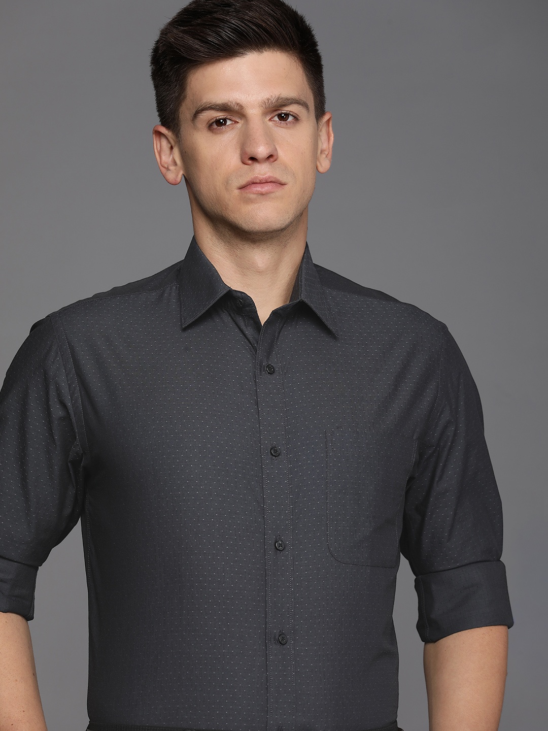 

Raymond Pure Cotton Self Design Slim Fit Textured Formal Shirt, Black