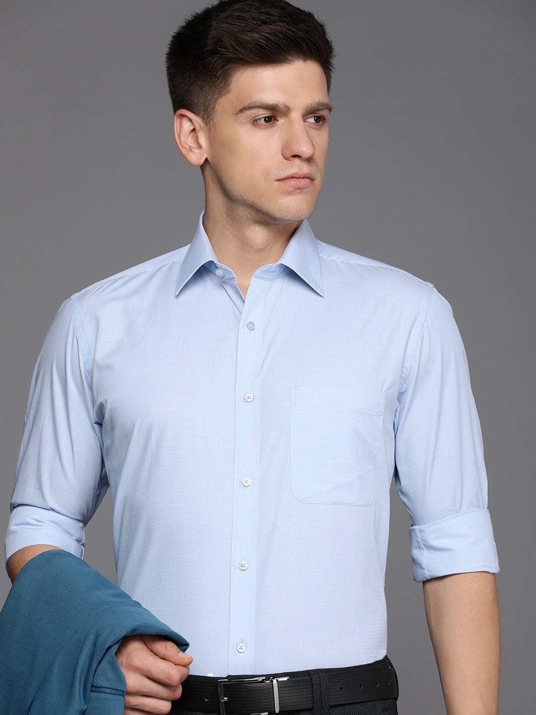 

Raymond Self Design Slim Fit Pure Cotton Formal Shirt, Blue