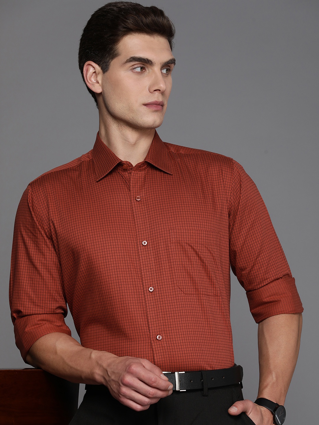 

Raymond Pure Cotton Grid Tattersall Checked Formal Shirt, Rust