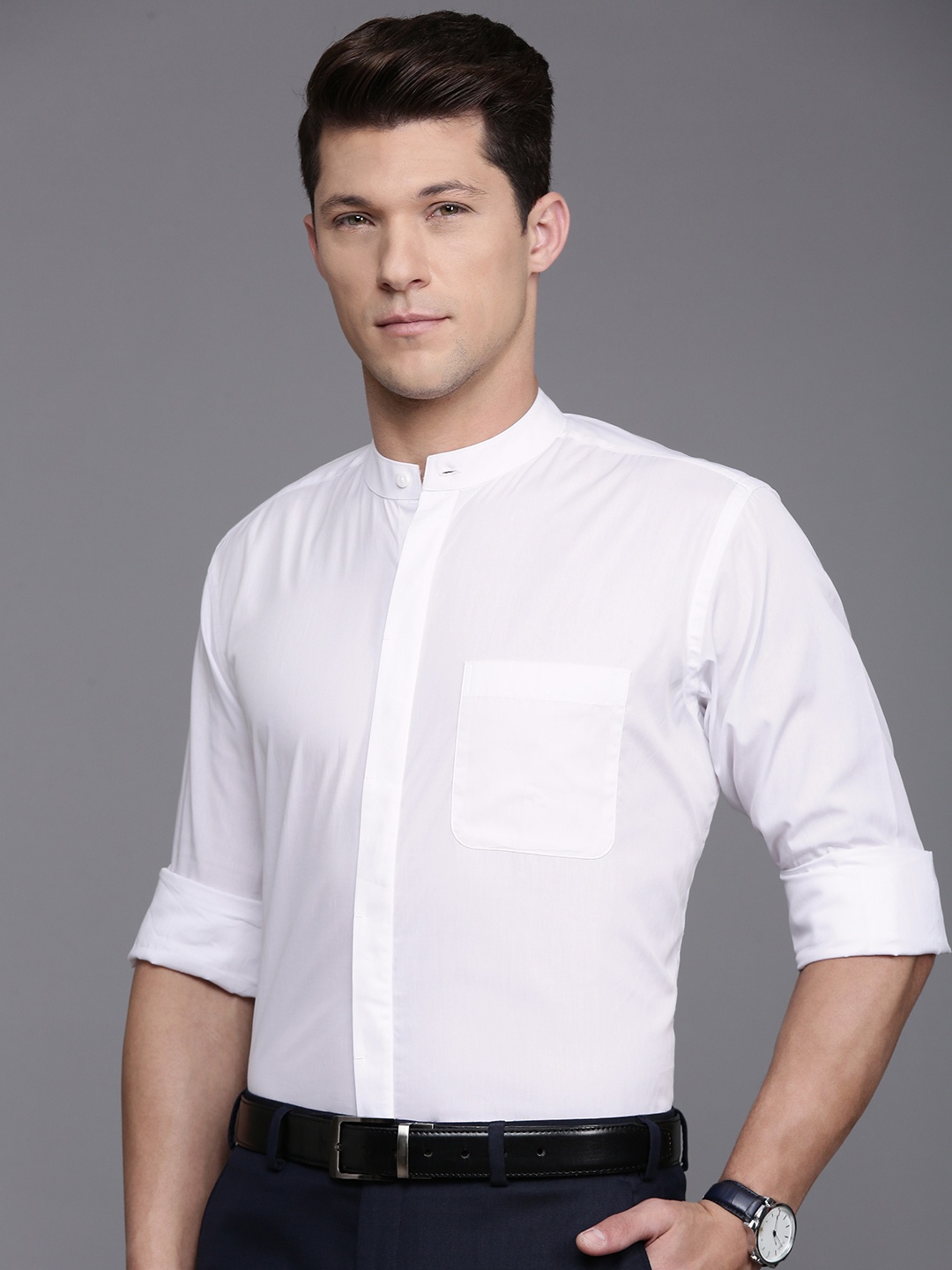 

Raymond Pure Cotton Band Collar Formal Shirt, White