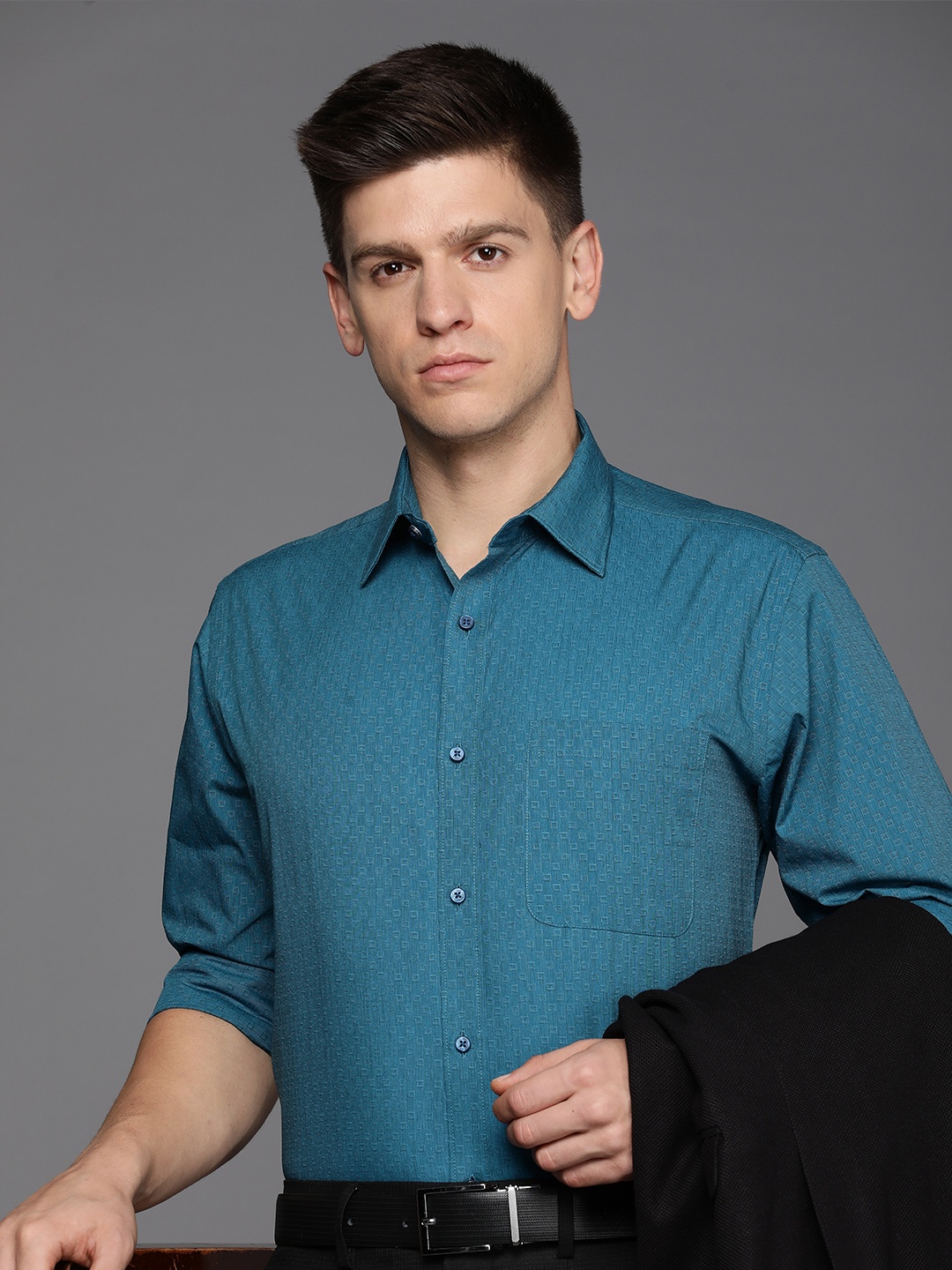 

Raymond Pure Cotton Self Design Slim Fit Textured Formal Shirt, Blue