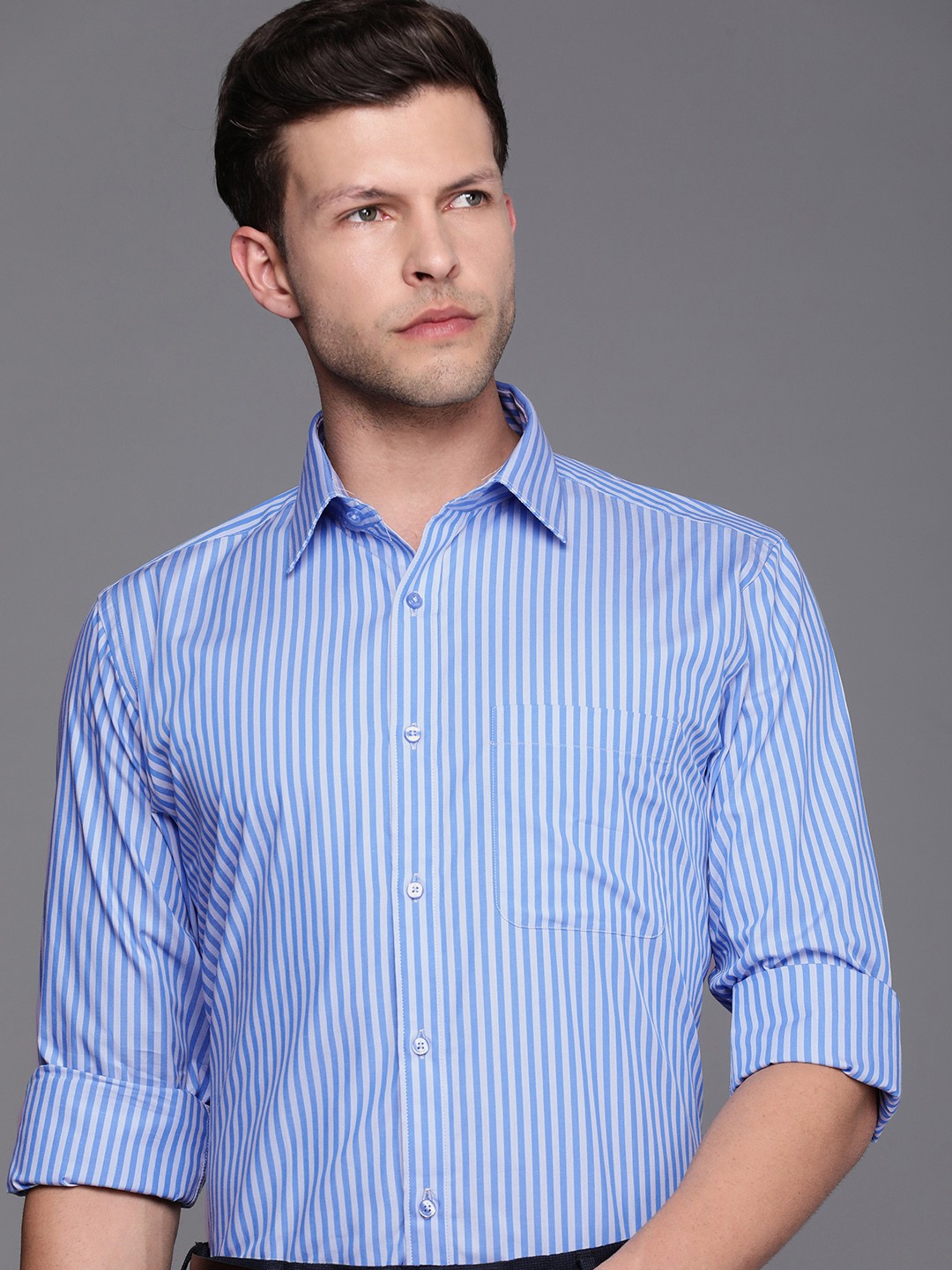 

Raymond Men Slim Fit Striped Pure Cotton Formal Shirt, Blue
