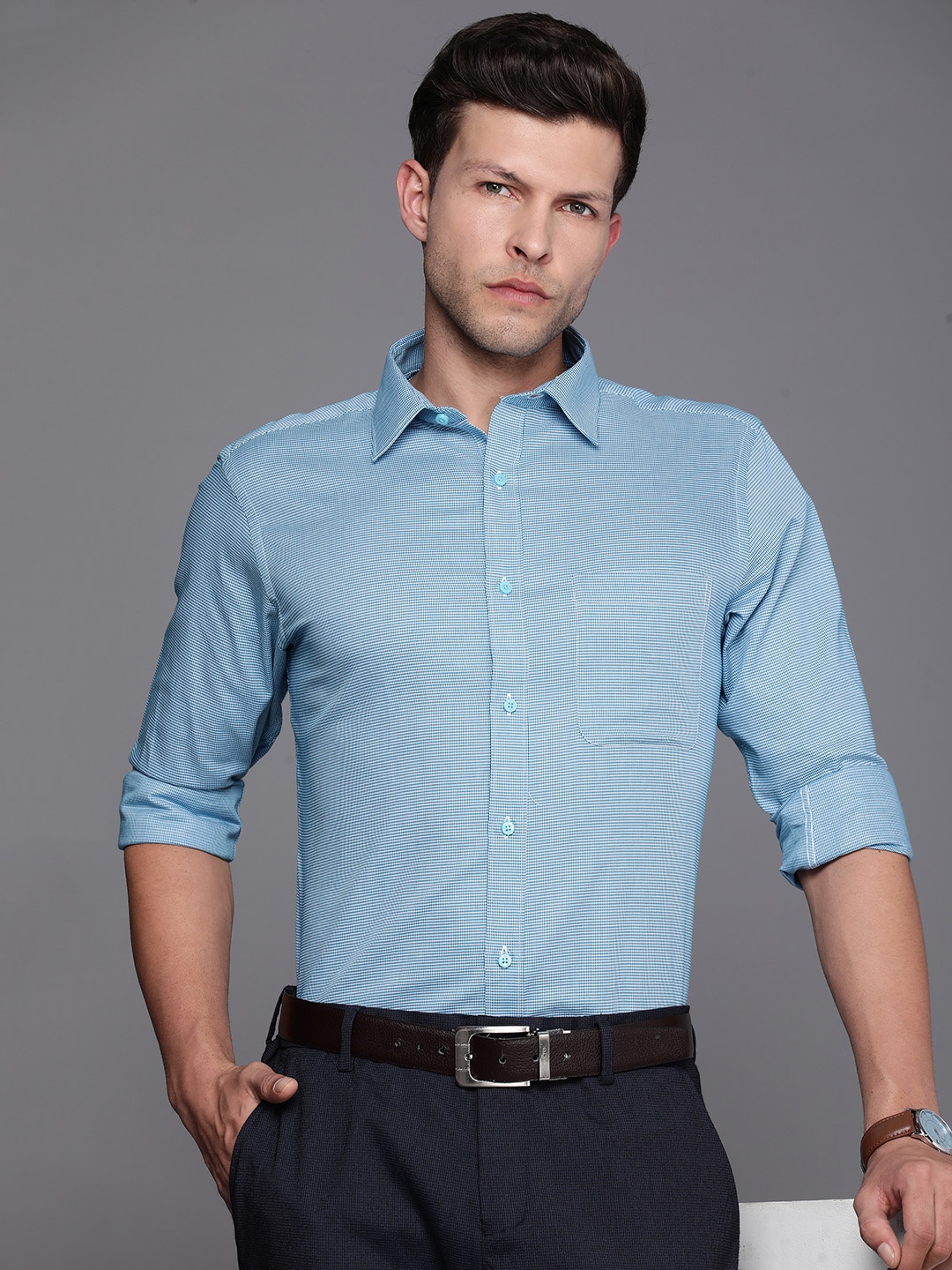 

Raymond Pure Cotton Self Design Slim Fit Textured Casual Shirt, Blue