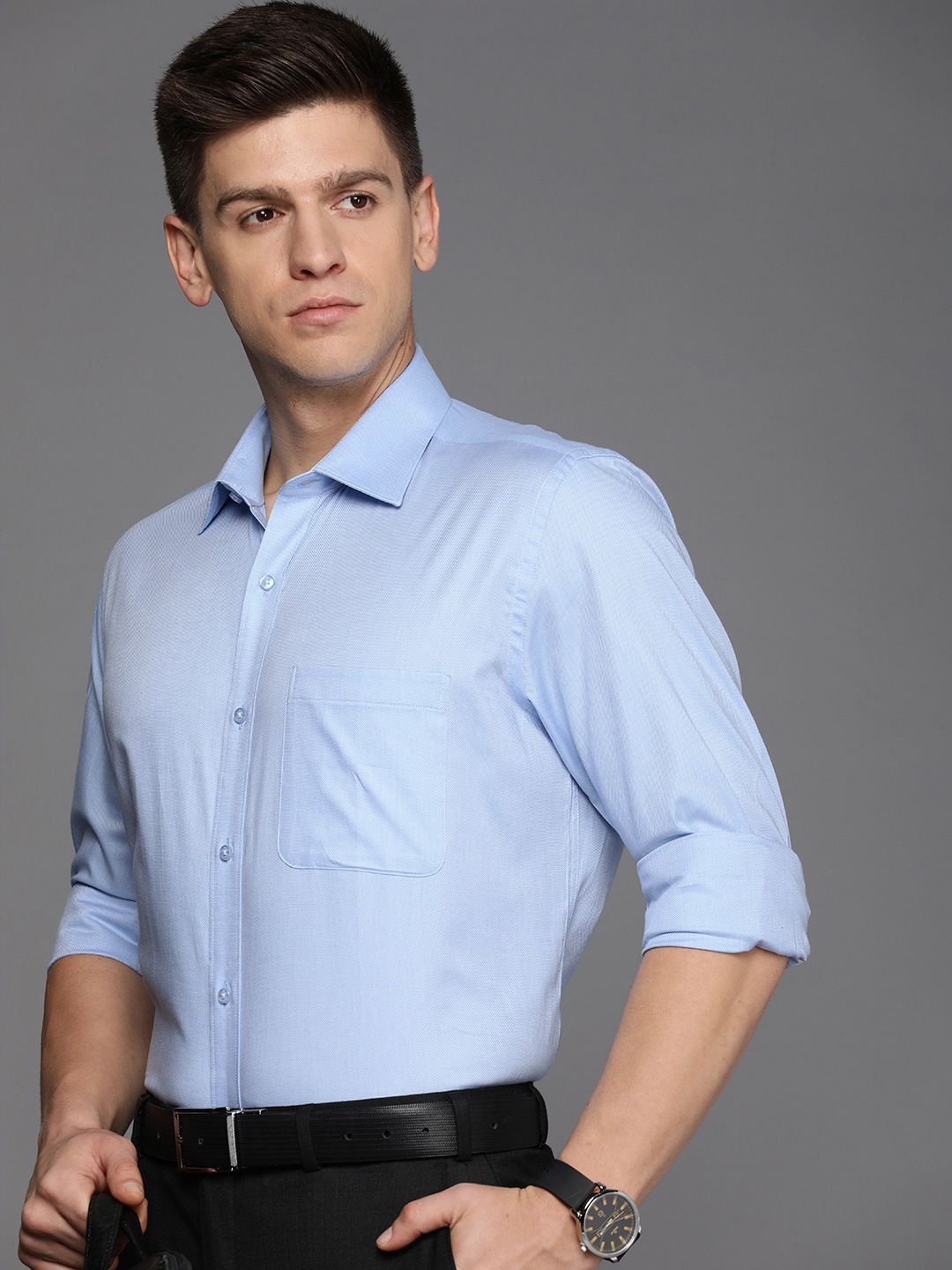 

Raymond Pure Cotton Self Design Slim Fit Textured Formal Shirt, Blue