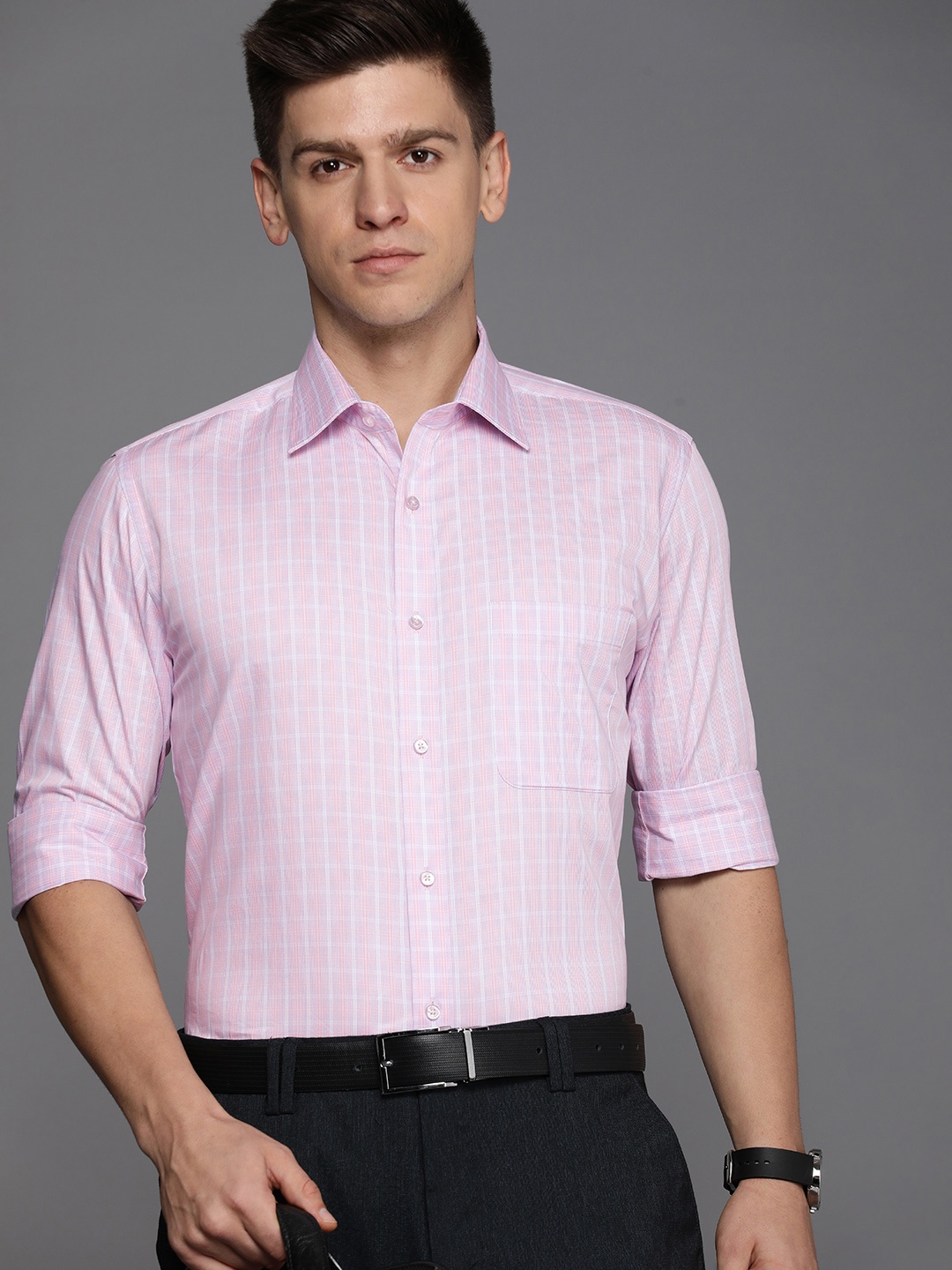 

Raymond Pure Cotton Slim Fit Opaque Checked Formal Shirt, Pink