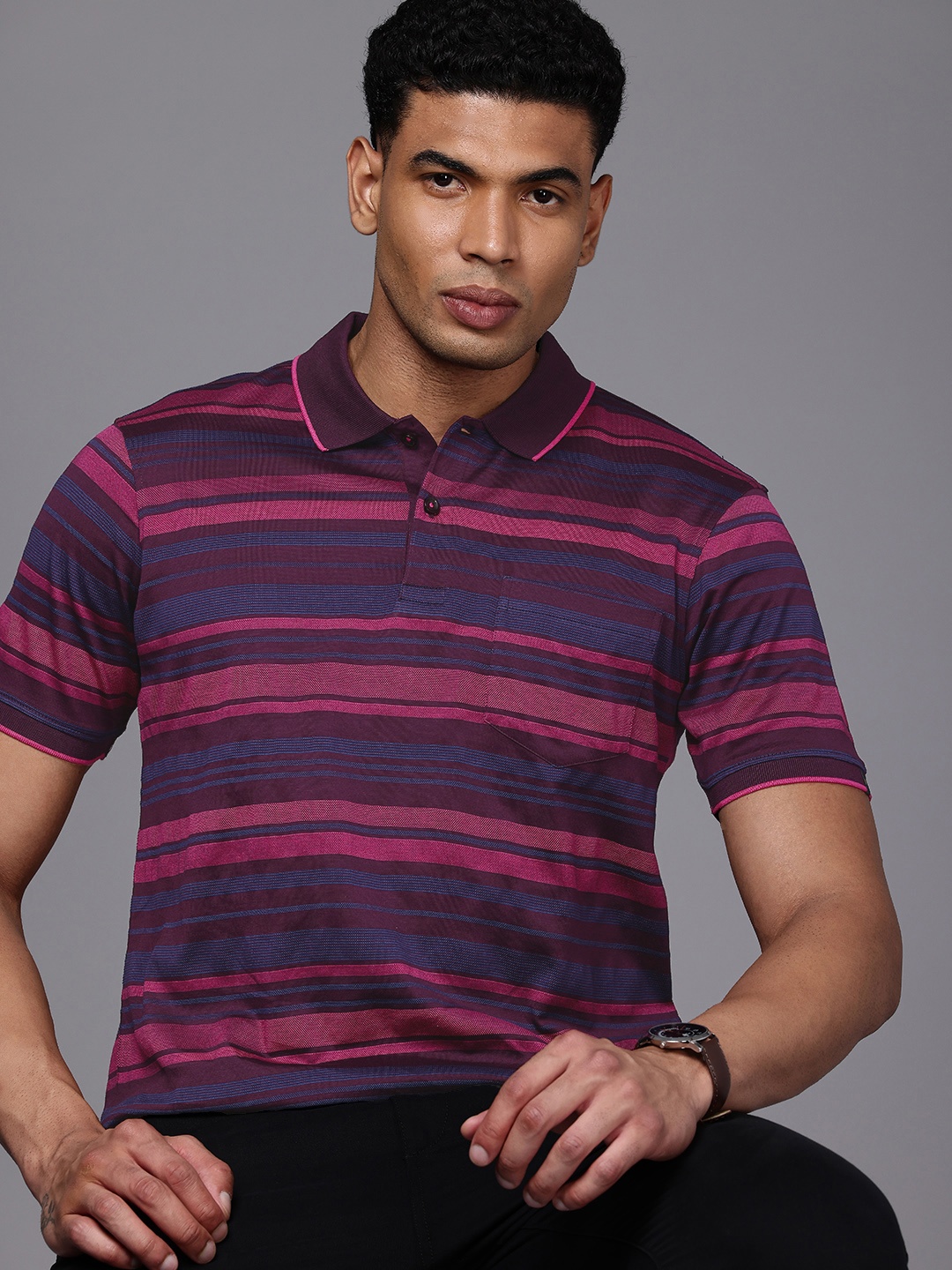 

Raymond Striped Polo Collar Pure Cotton Contemporary Fit T-shirt, Burgundy