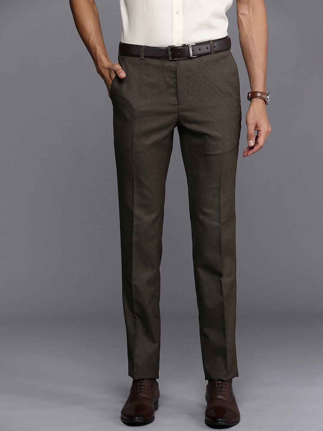 

Raymond Men Textured Slim Fit Formal Trousers, Brown