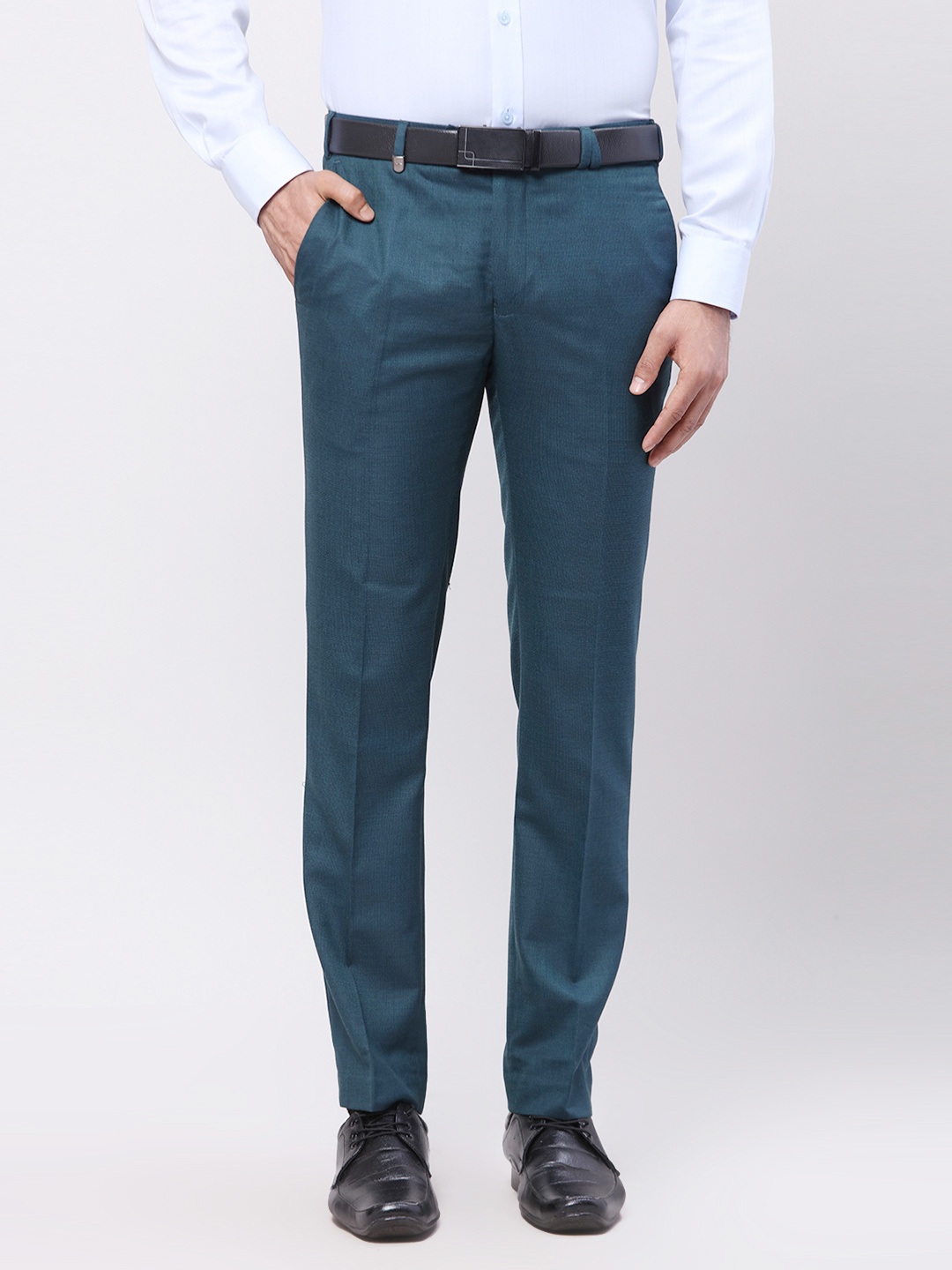 

Park Avenue Men Textured Super Slim Fit Trousers, Teal