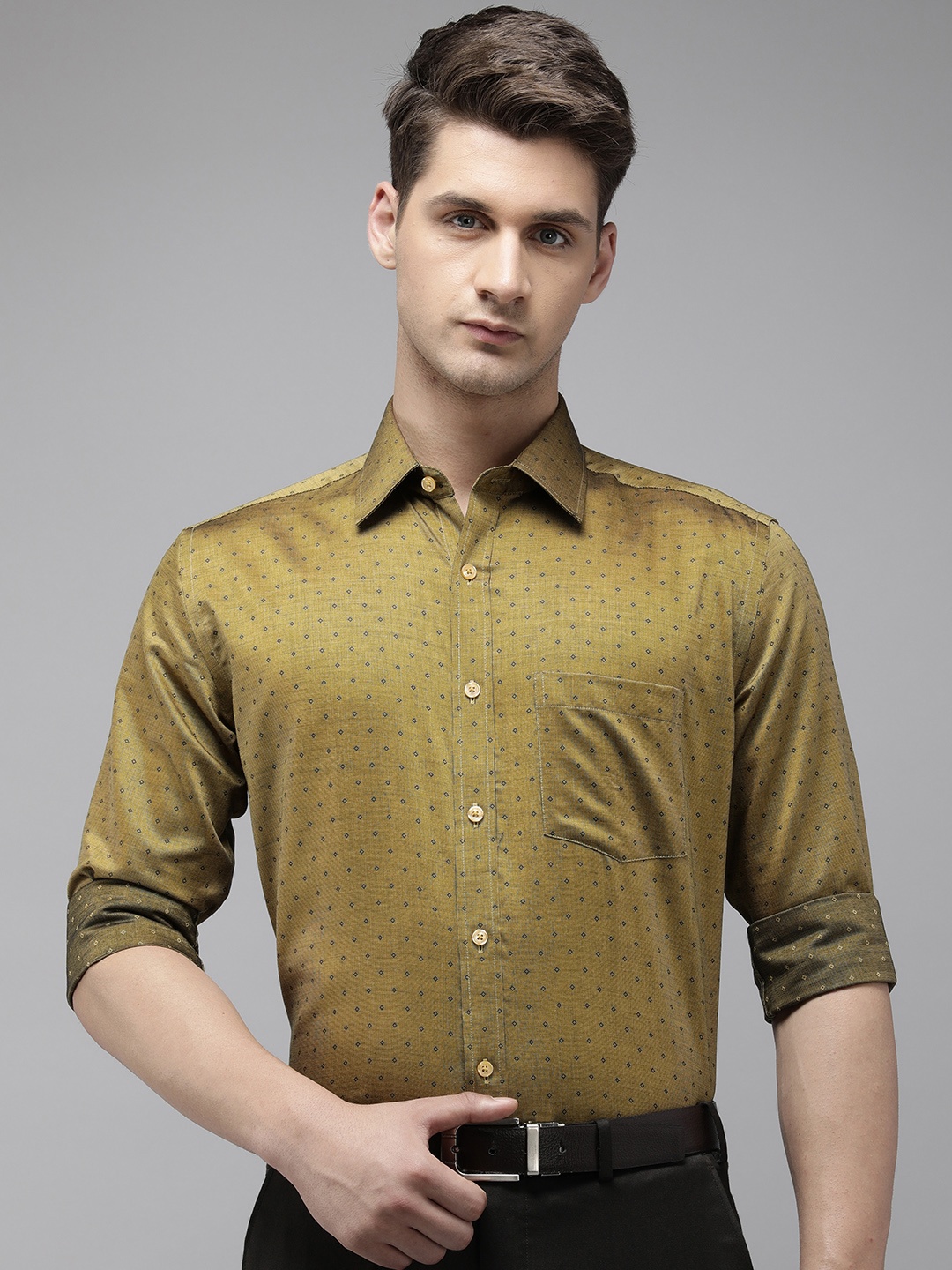 

Park Avenue Geometric Printed Wrinkle-Free Pure Cotton Formal Shirt, Mustard