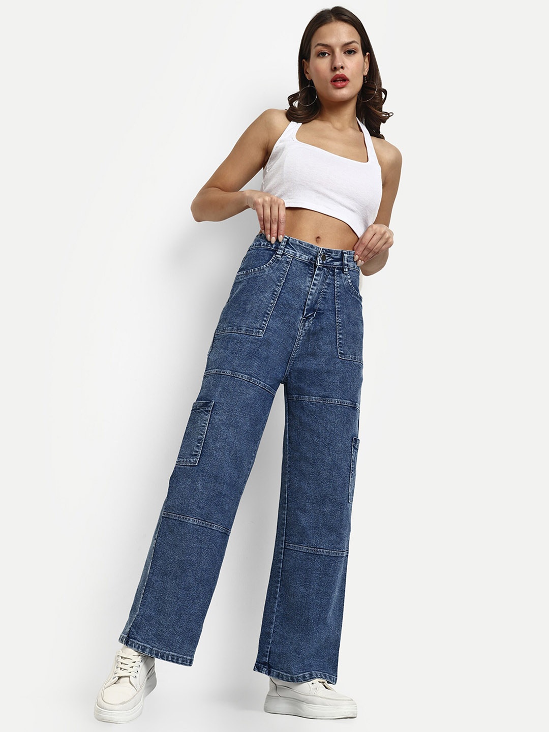 

BROADSTAR Women Smart Wide Leg High-Rise Light Fade Clean Look Stretchable Jeans, Blue