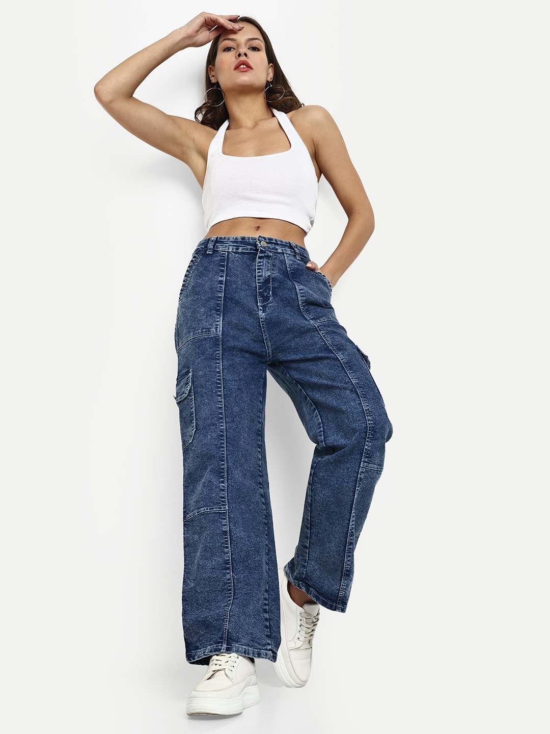 

BROADSTAR Women Smart Wide Leg Stretchable Light Fade Denim Cargo Jeans, Blue