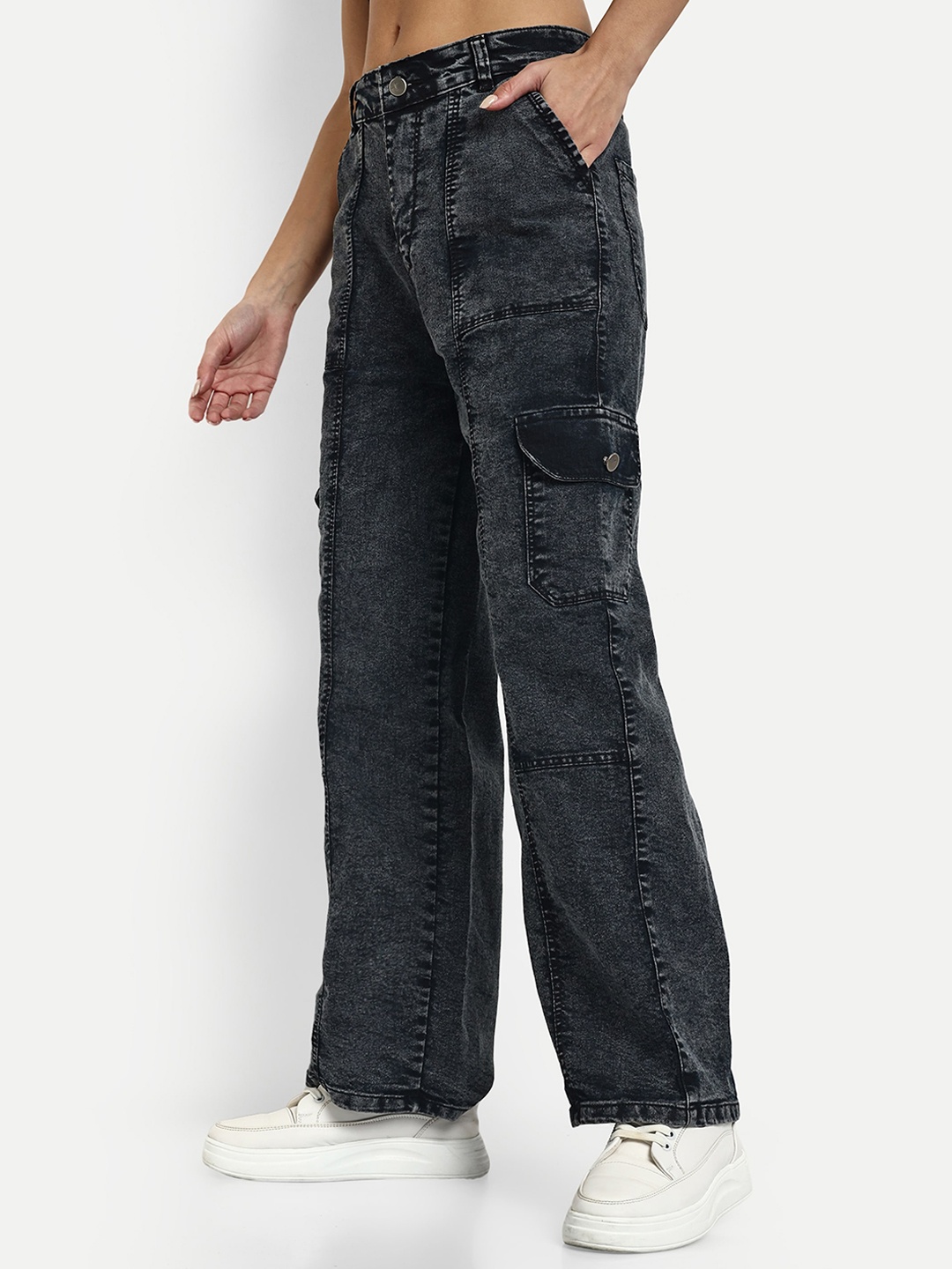 

BROADSTAR Women Smart Wide Leg Stretchable Light Fade Denim Cargo Jeans, Black