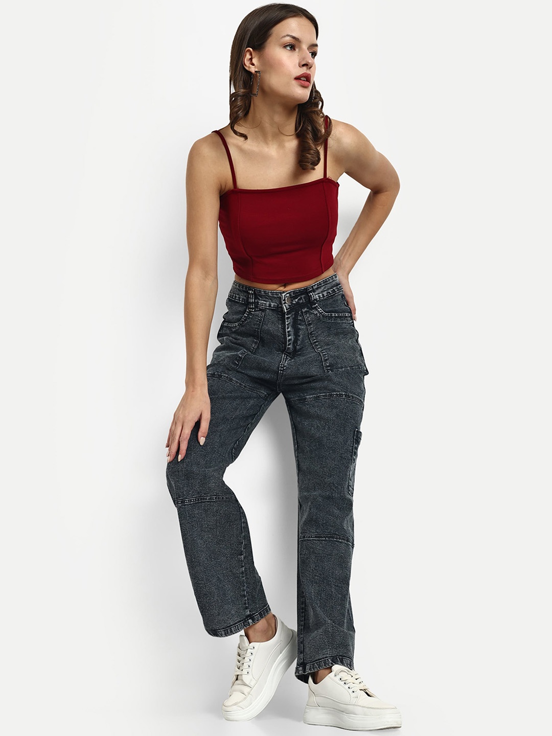 

BROADSTAR Women Smart Wide Leg Stretchable Light Fade Denim Cargo Jeans, Black