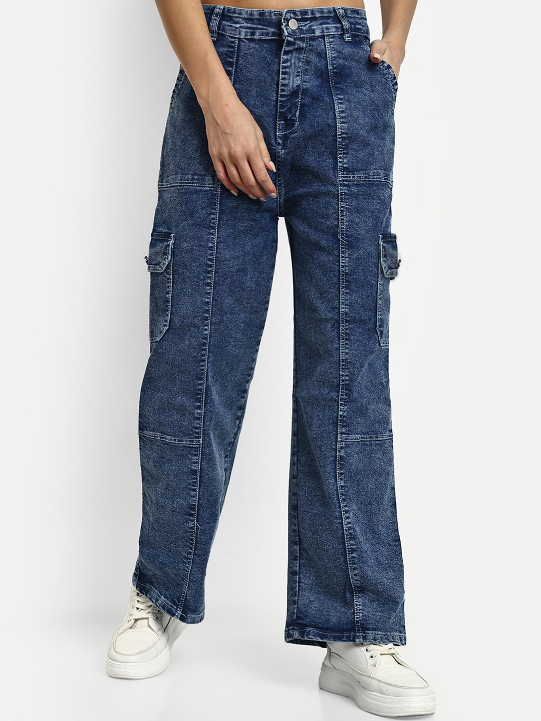 

BROADSTAR Women Smart Wide Leg Stretchable Denim Cargo Jeans, Blue