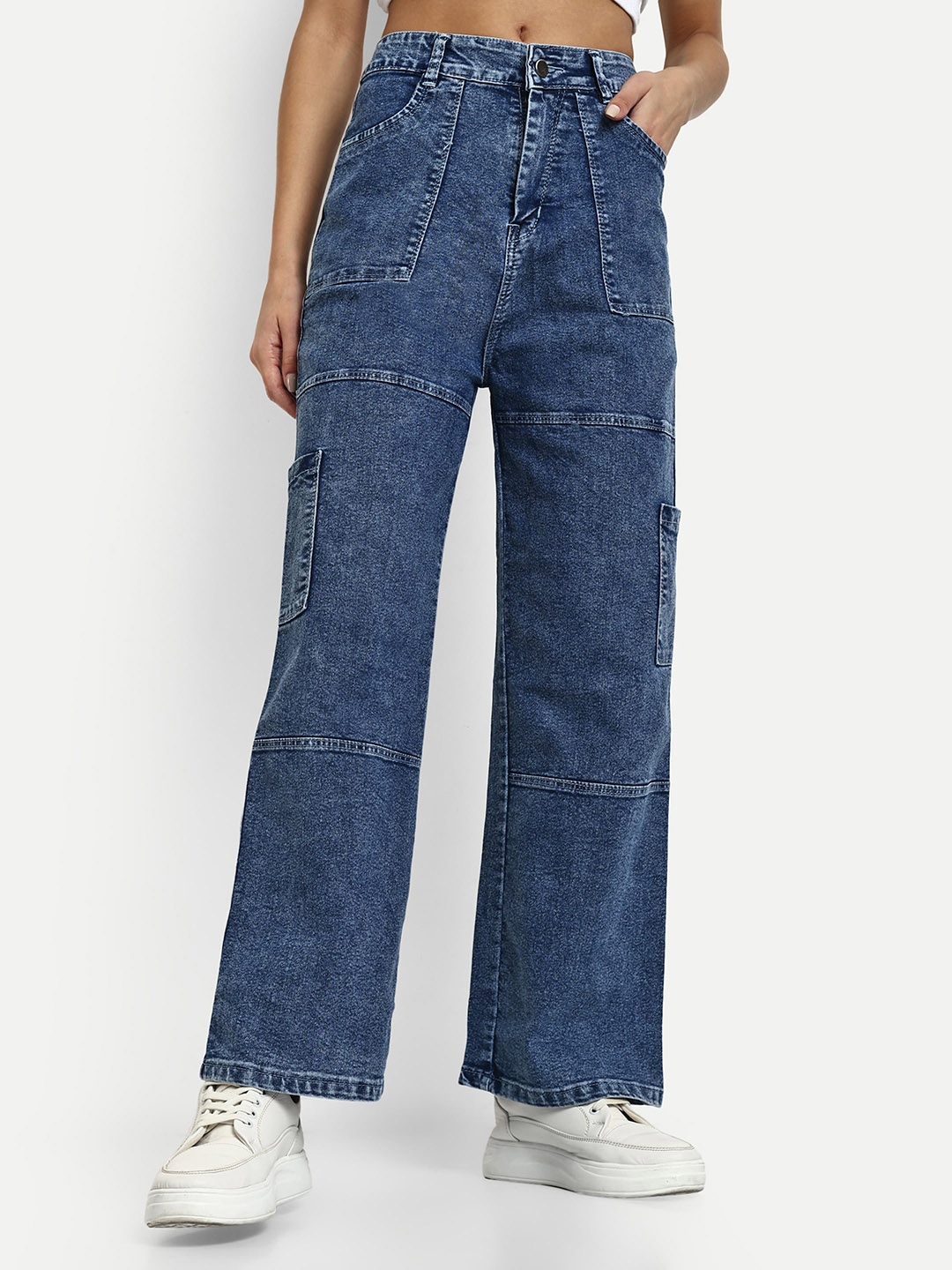 

BROADSTAR Women Smart Wide Leg High-Rise Light Fade Cotton Denim Cargo Jeans, Blue