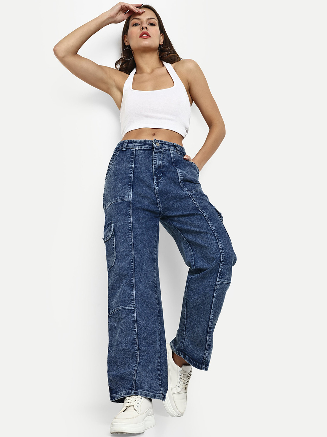 

BROADSTAR Women Smart Wide Leg High-Rise Light Fade Cotton Denim Cargo Jeans, Blue
