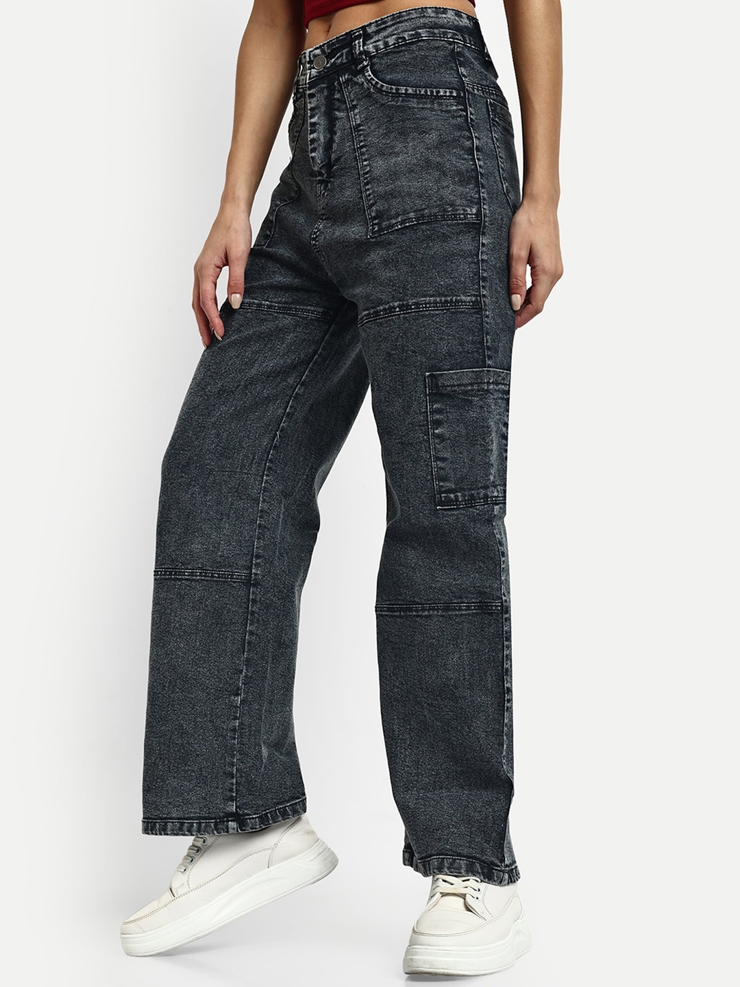 

Next One Women Smart Wide Leg High-Rise Light Fade Stretchable Cargo Jeans, Black