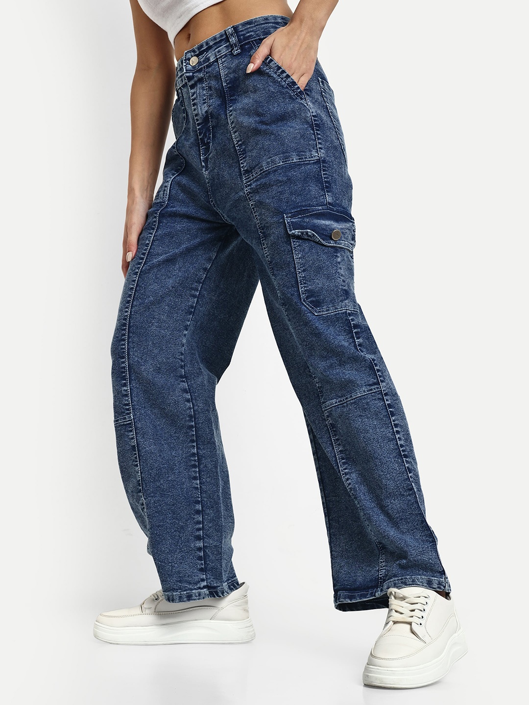 

Next One Women Smart Wide Leg High-Rise Light Fade Stretchable Cargo Jeans, Blue