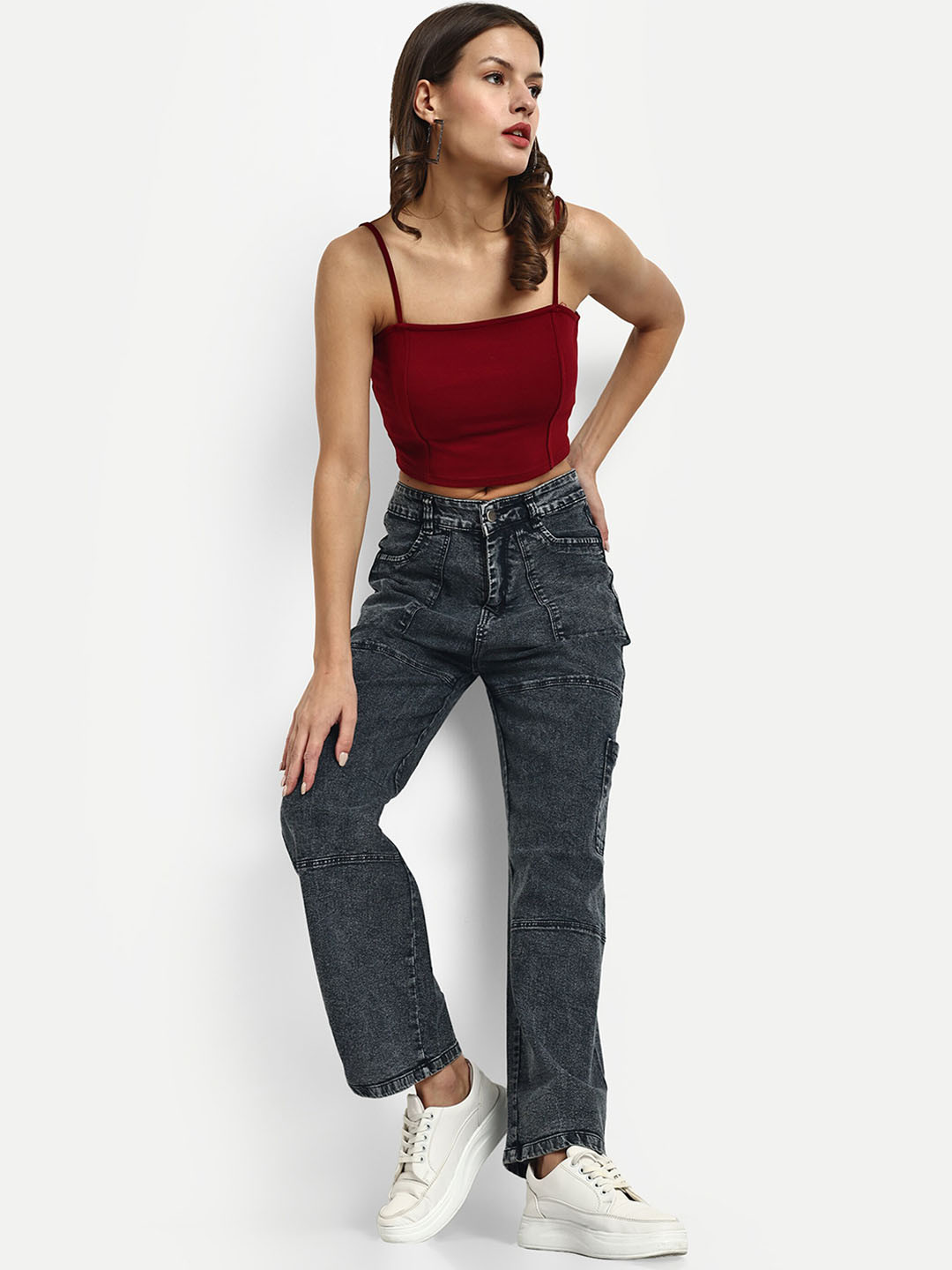 

Next One Women Smart Wide Leg High-Rise Light Fade Clean Look Stretchable Denim Cargo, Black