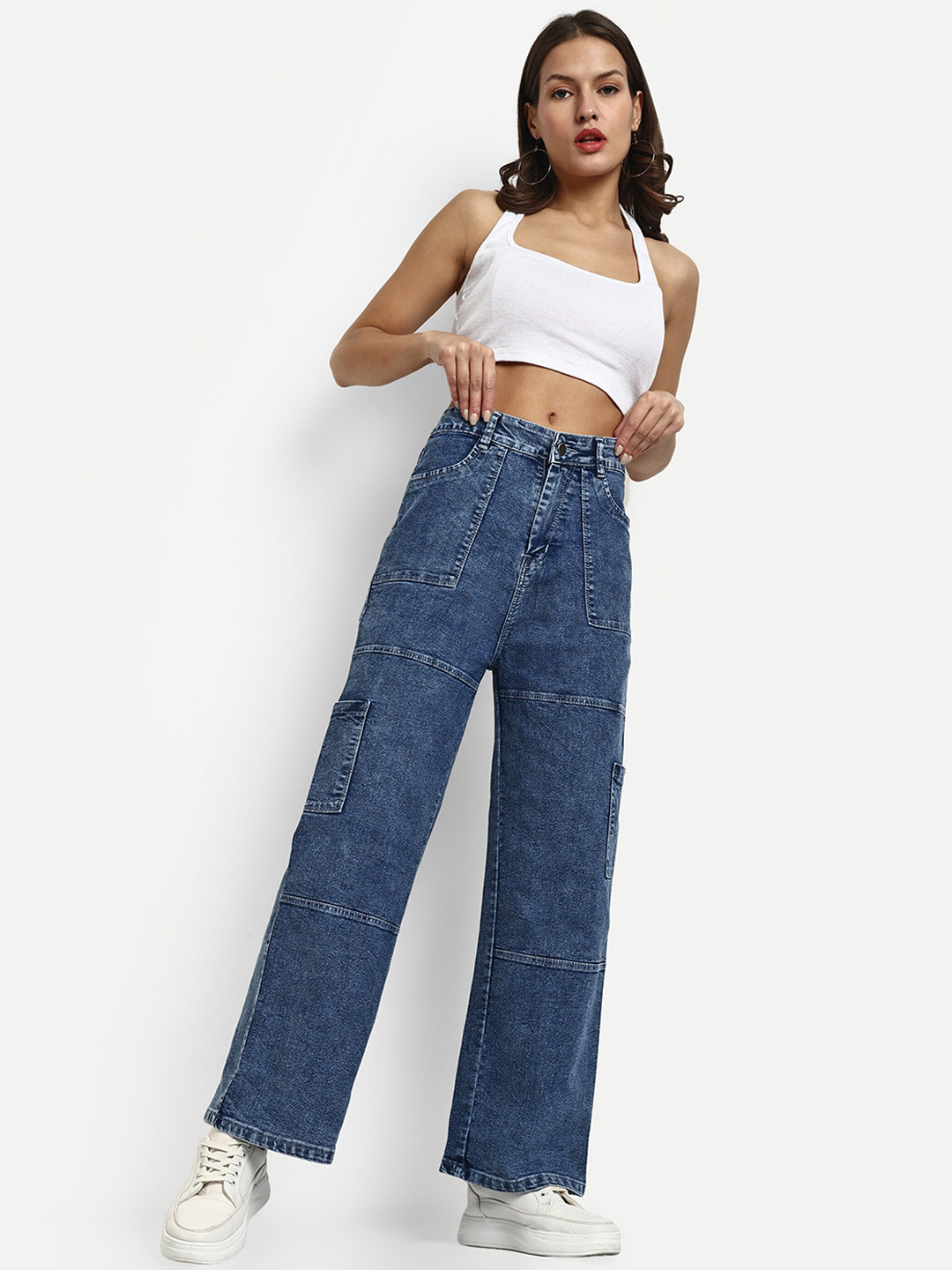 

Next One Women Smart Wide Leg High-Rise Light Fade Clean Look Stretchable Denim Cargo, Blue