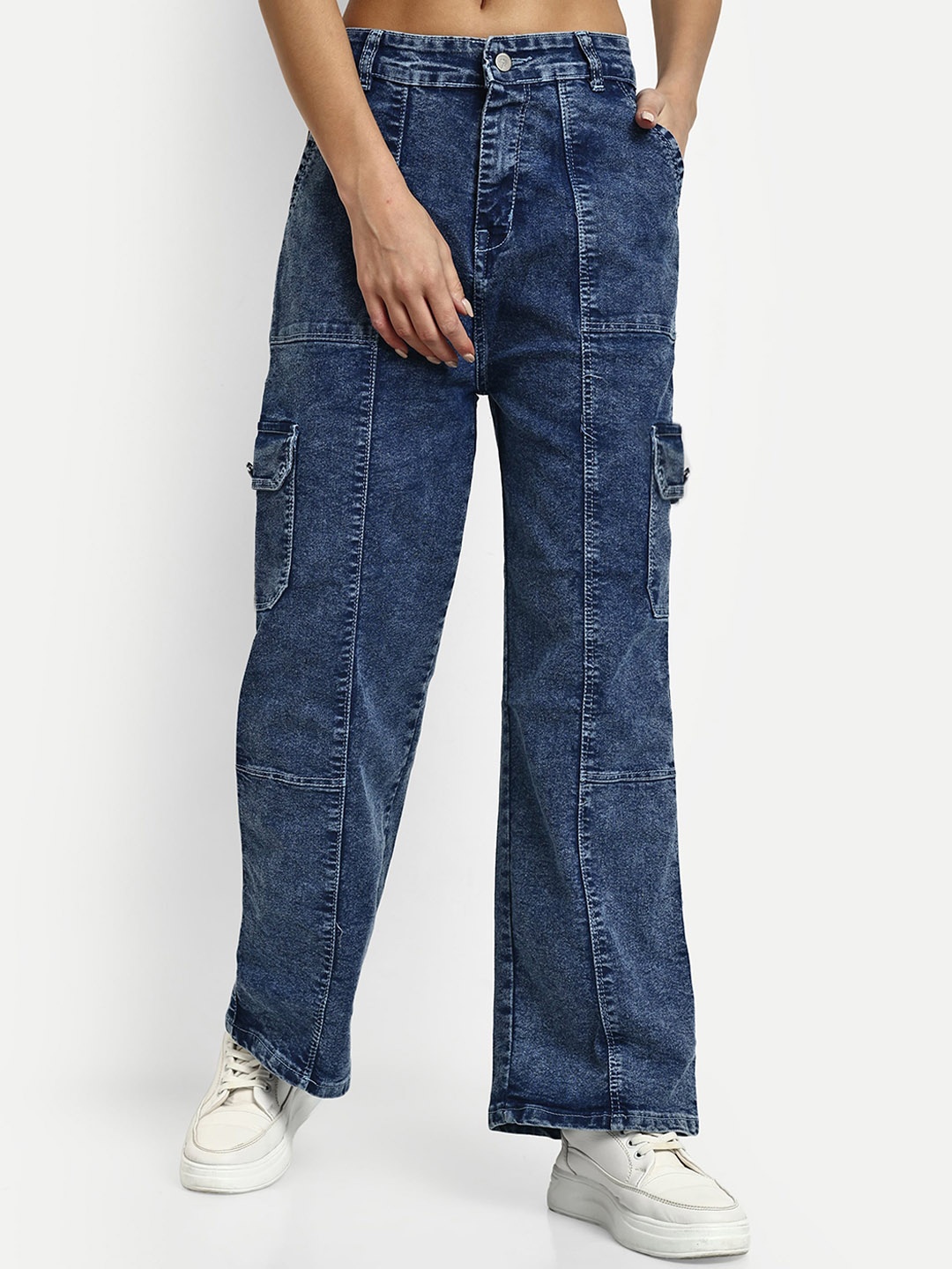 

Next One Women Smart Wide Leg High-Rise Light Fade Stretchable Cargo Jeans, Blue