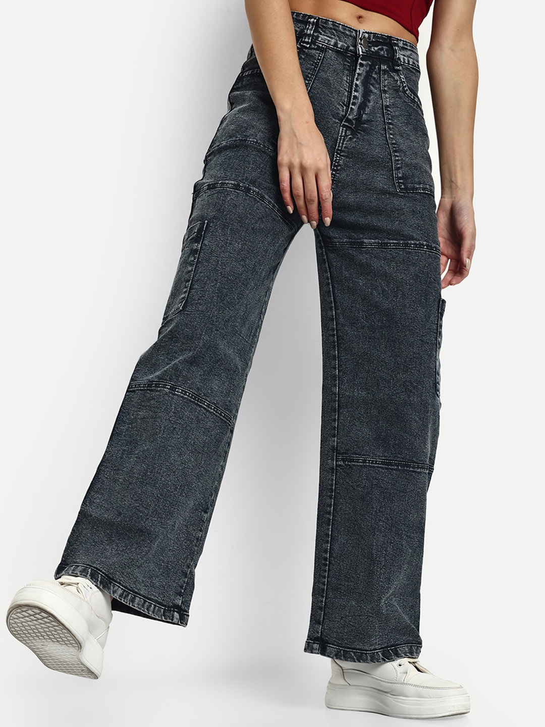

Next One Women Smart Wide Leg High-Rise Light Fade Stretchable Cotton Jeans, Grey