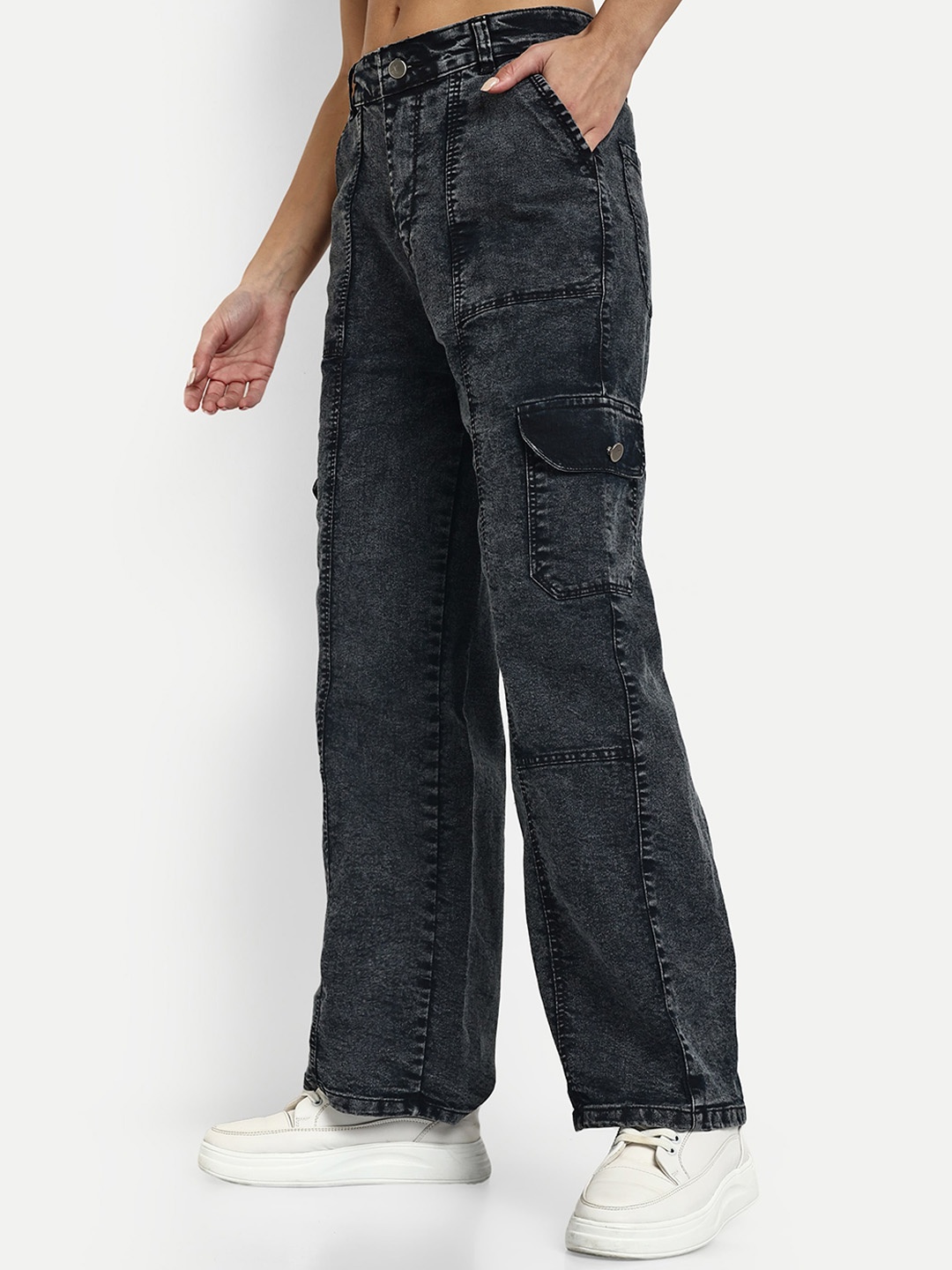 

Next One Women Smart Clean Look Wide Leg High-Rise Light Fade Stretchable Cotton Jeans, Black