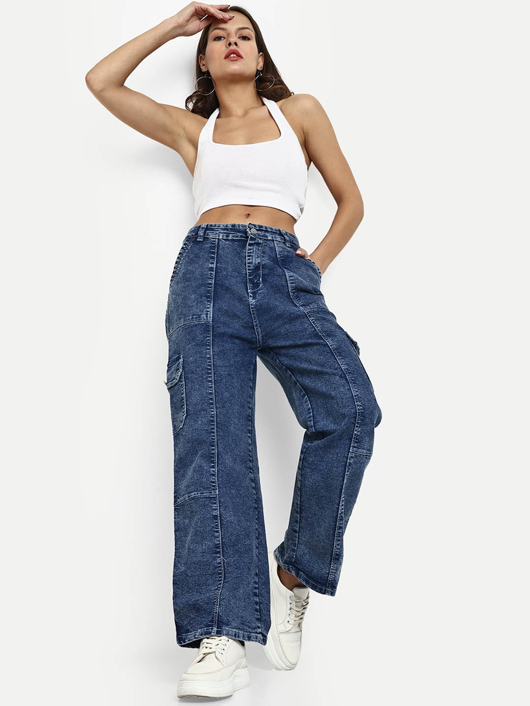 

Next One Women Blue Smart Wide Leg High-Rise Light Fade Stretchable Cargo Jeans