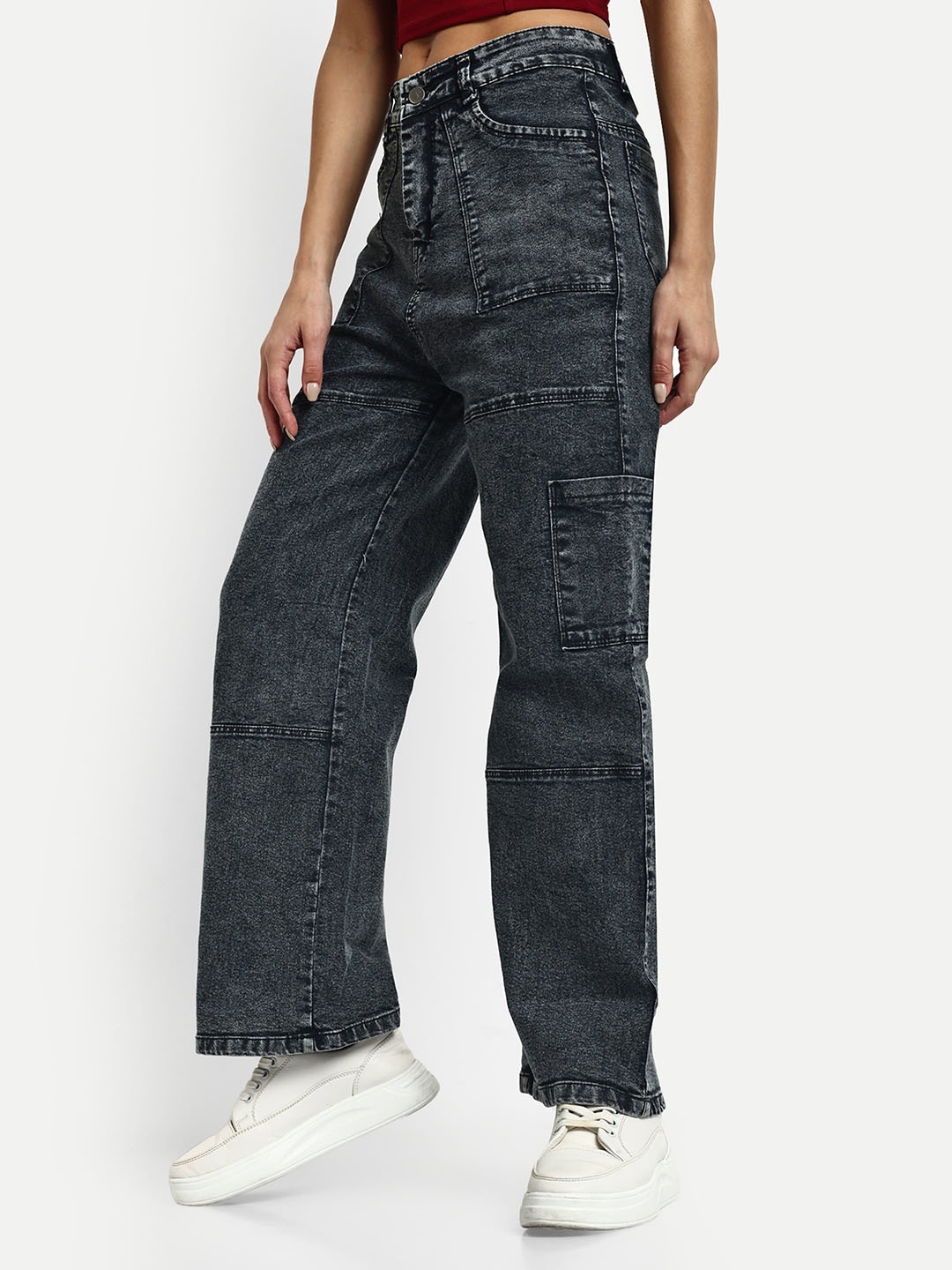 

Next One Women Smart Wide Leg High-Rise Light Fade Stretchable Cargo Jeans, Black