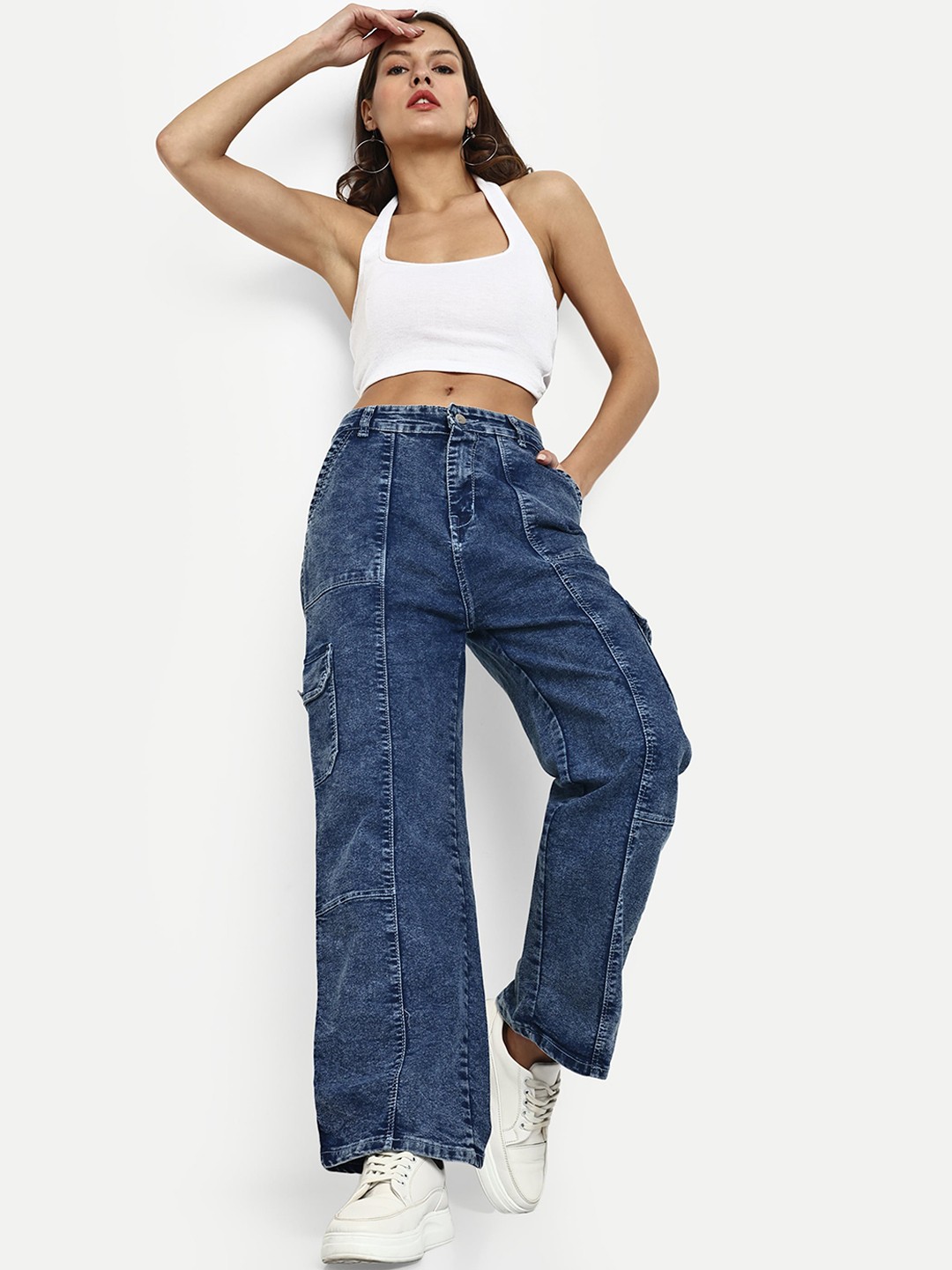 

Next One Women Smart Wide Leg High-Rise Light Fade Stretchable Cotton Jeans, Blue