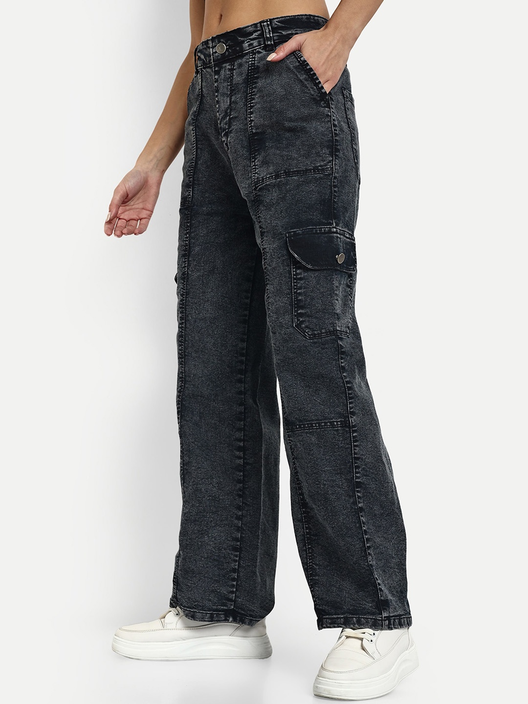 

Next One Women Smart Wide Leg High-Rise Light Fade Stretchable Cotton Jeans, Black