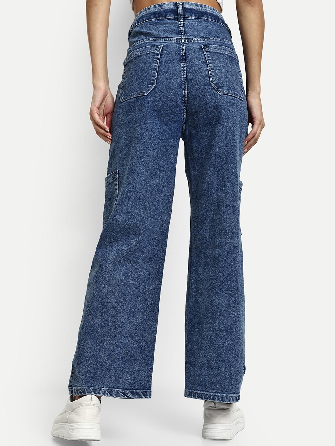 

Next One Women Smart Wide Leg High-Rise Light Fade Clean Look Stretchable Denim Cargo, Blue