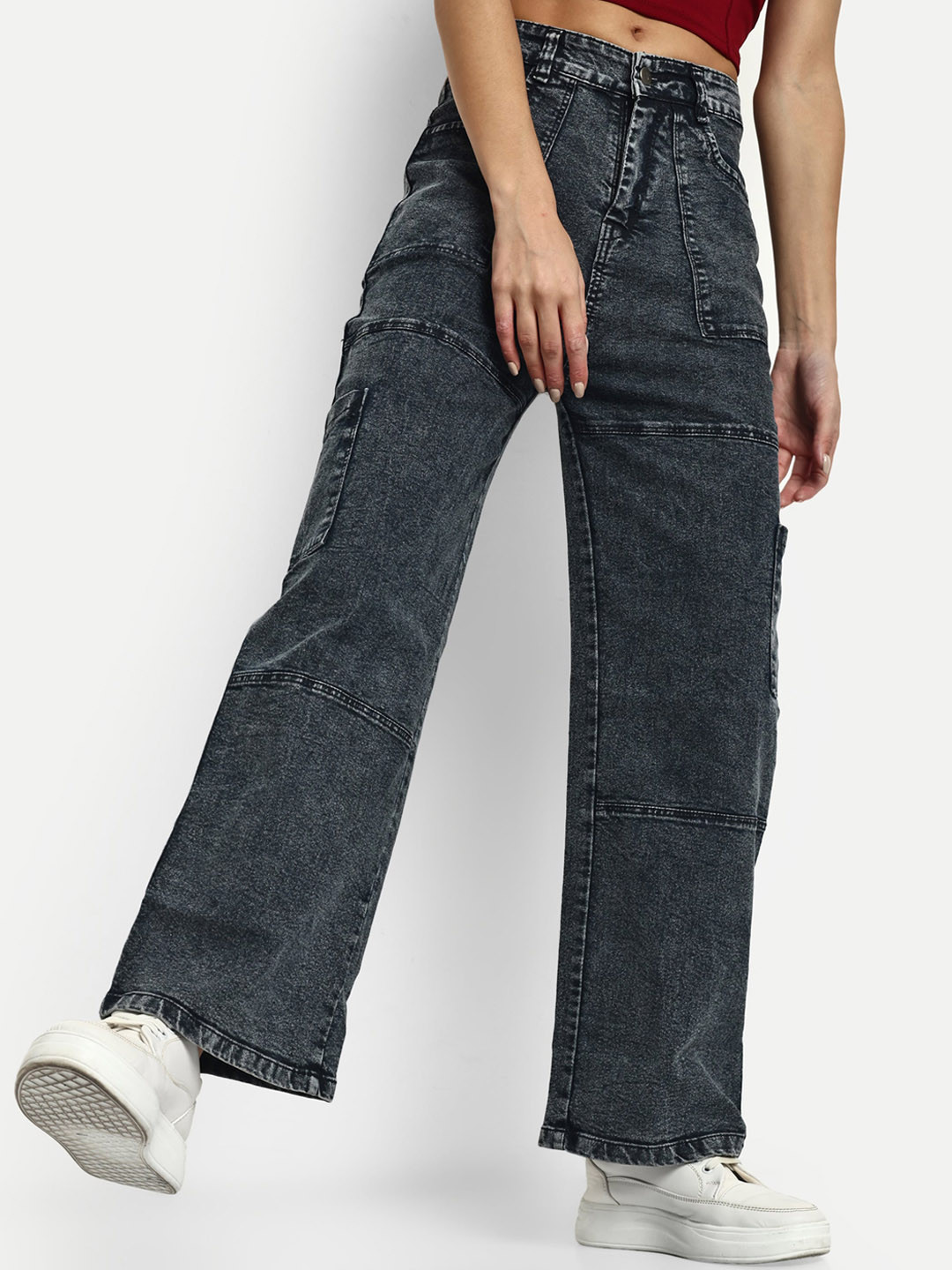 

Next One Women Smart Wide Leg High-Rise Light Fade Clean Look Stretchable Denim Cargo, Black