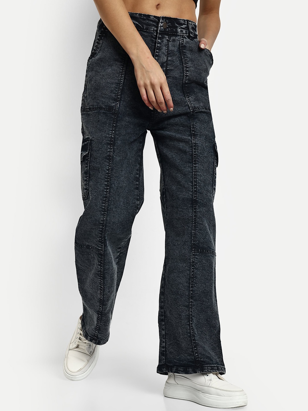 

Next One Women Smart Wide Leg High-Rise Light Fade Stretchable Cargo Jeans, Black