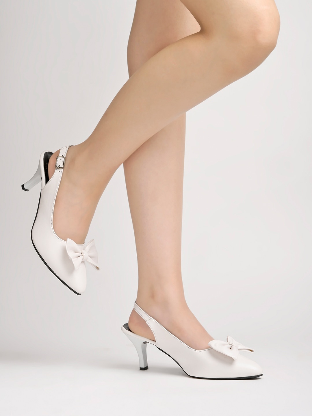 

Shoetopia Pointed Toe Slim Mules With Bows, White