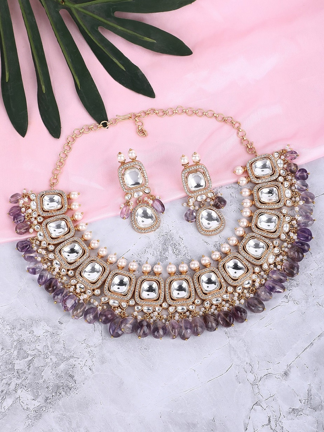 

AURAA TRENDS Gold-Plated Artificial Stones & Beads Studded Necklace Set, Purple