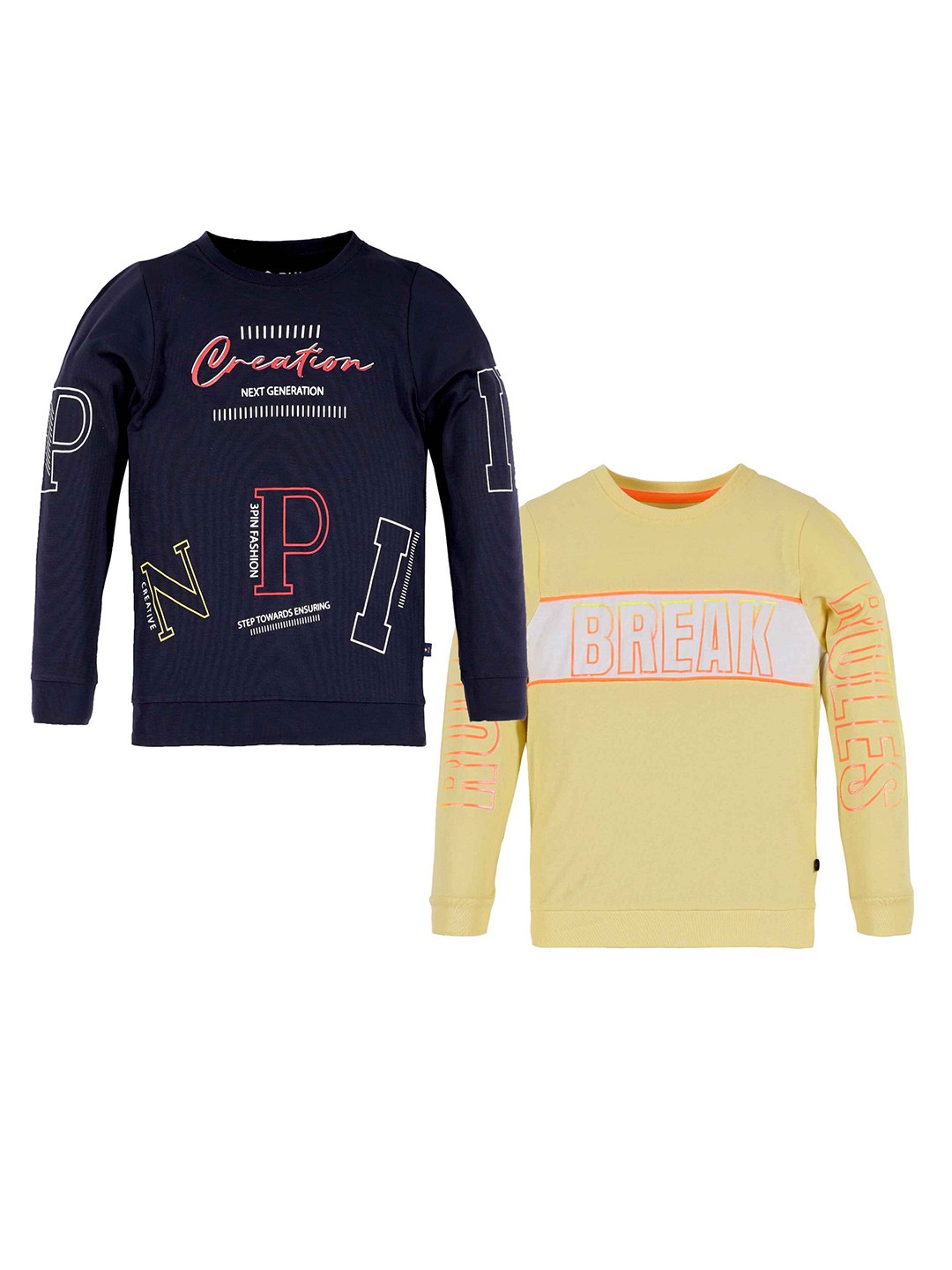 

3PIN Boys Pack Of 2 Typography Printed Round Neck Long Sleeves Cotton Pullover Sweatshirt, Navy blue