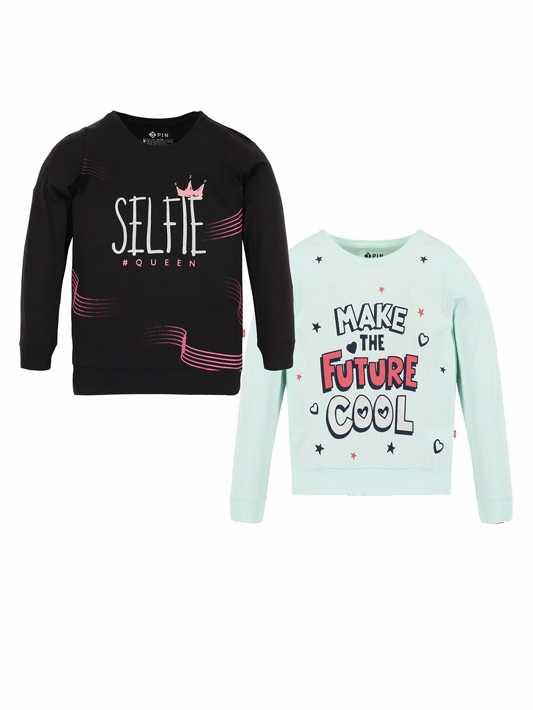 

3PIN Girls Pack Of 2 Typography Printed Round Neck Long Sleeves Cotton Pullover Sweatshirt, Black