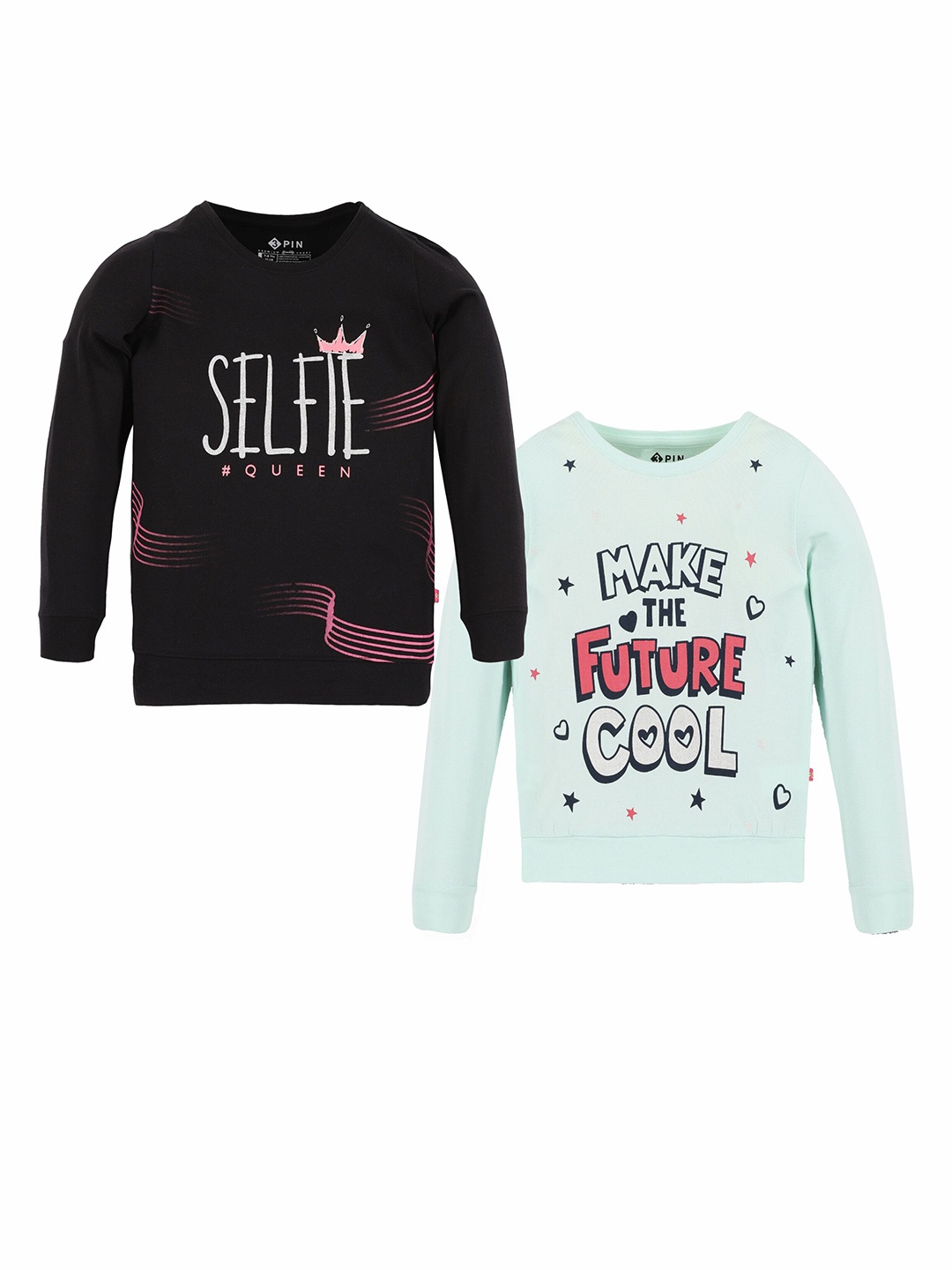 3PIN Girls Pack Of 2 Printed Long Sleeves Cotton T-shirts, Black