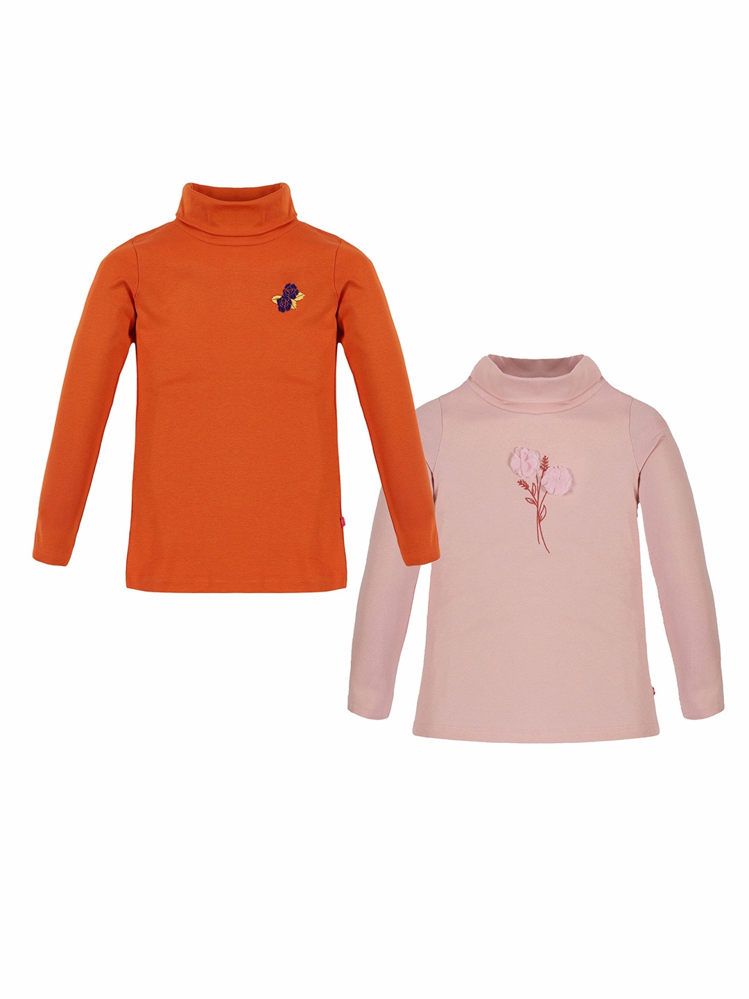 3PIN Girls Pack Of 2 Long Sleeves High Neck Cotton T-shirts, Orange