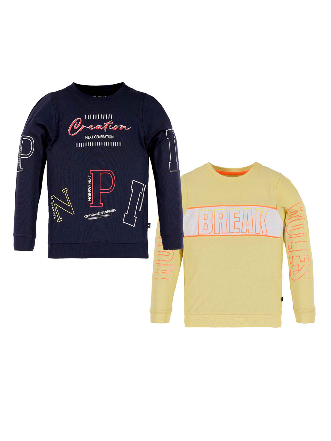 

3PIN Boys Pack Of 2 Printed Long Sleeves Cotton T-shirts, Navy blue