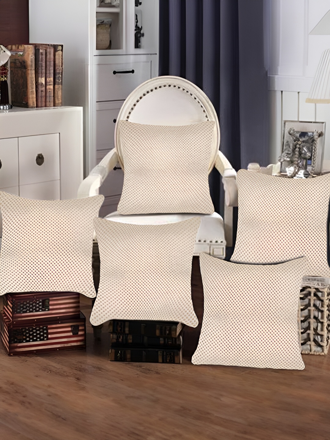 

Tesmare Gold-Toned & Beige 5 Pieces Checked Suede Square Cushion Covers