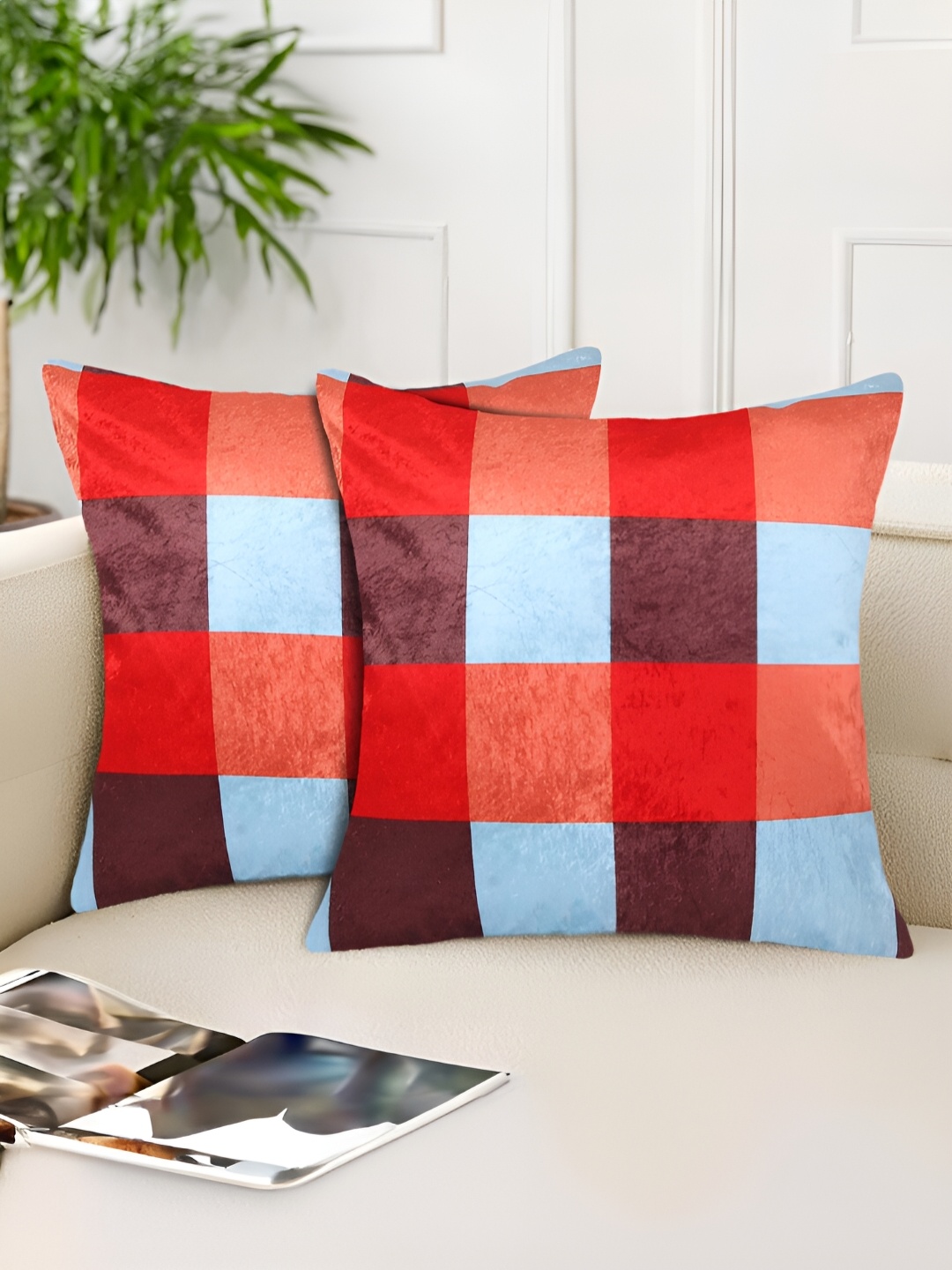 

Tesmare Blue & Red 2 Pieces Checked Velvet Square Cushion Covers
