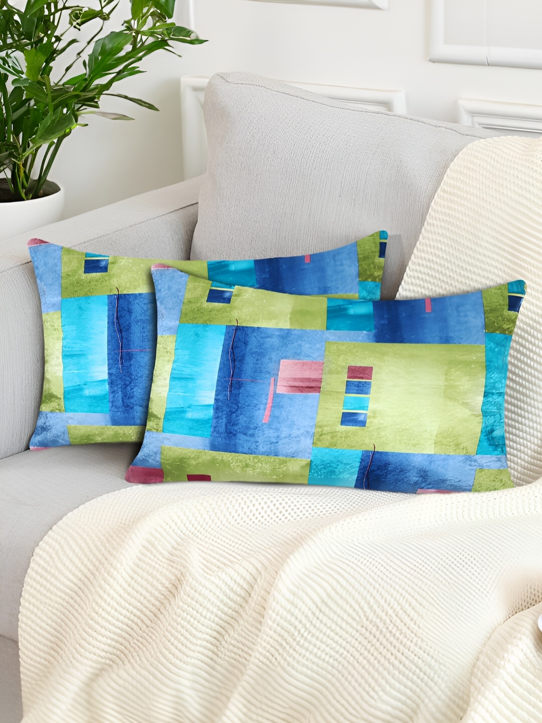 

Tesmare Blue & Olive Green 2 Pieces Abstract Velvet Rectangle Cushion Covers