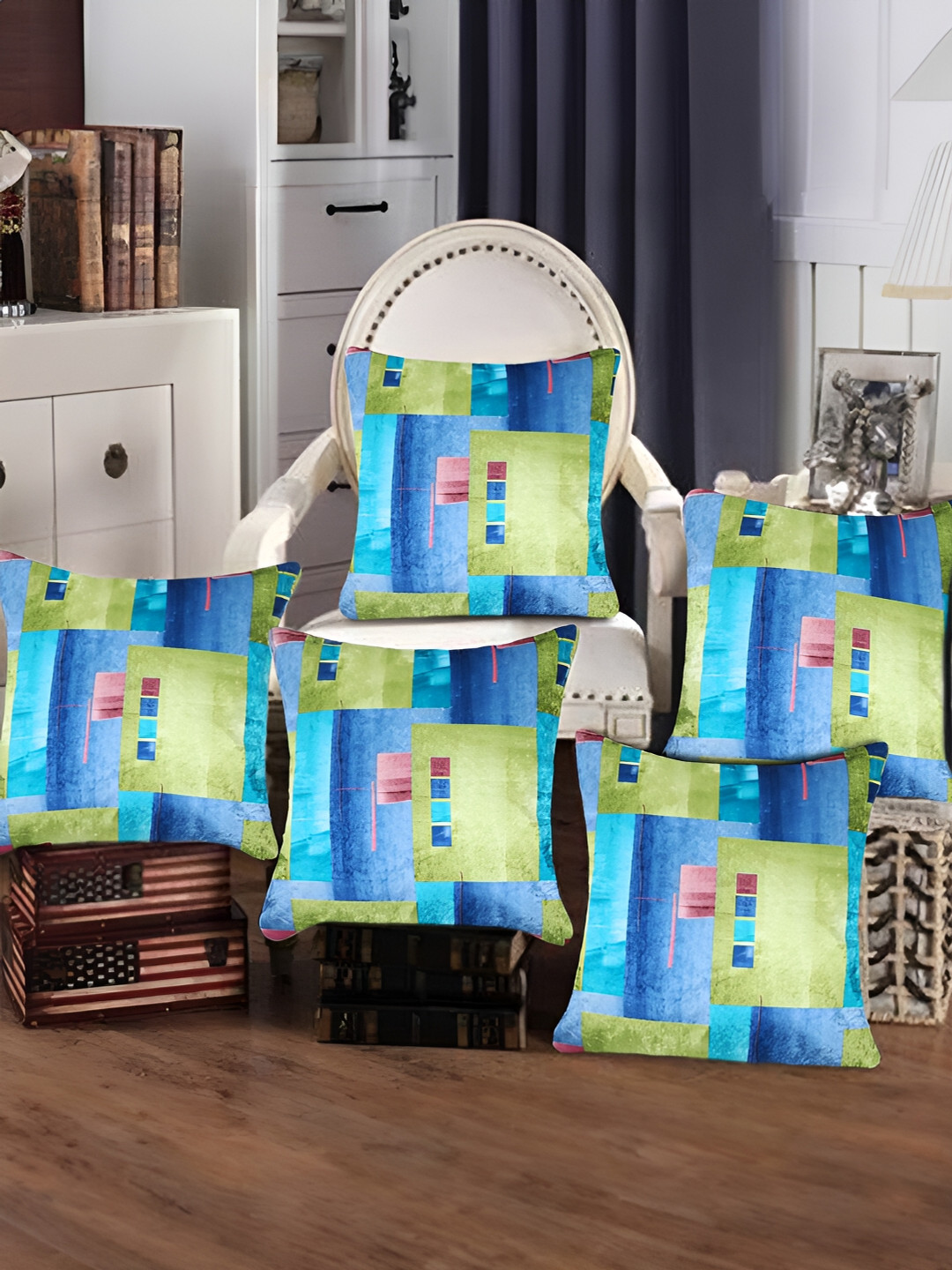 

Tesmare Blue & Olive Green 5 Pieces Geometric Velvet Square Cushion Covers