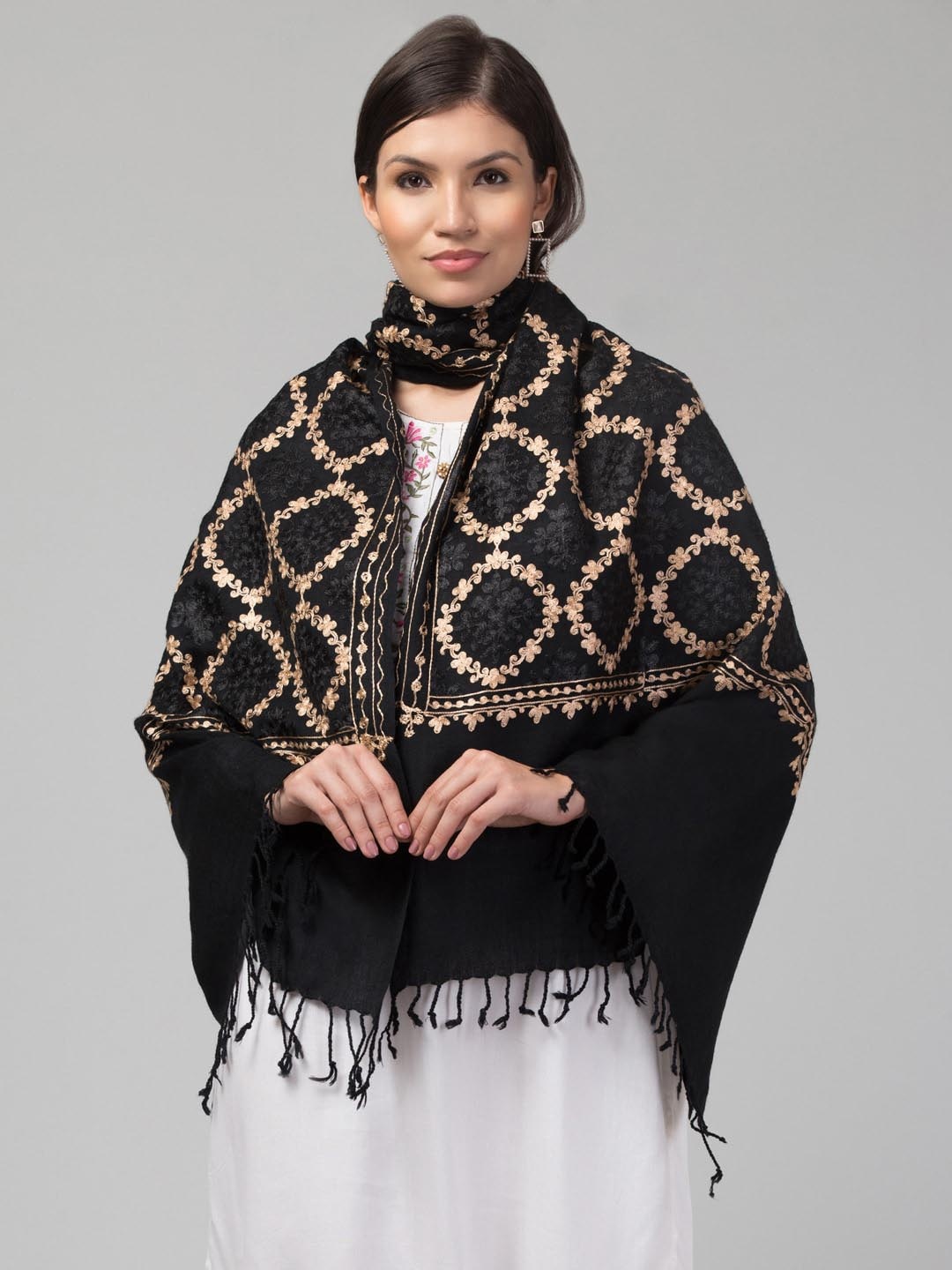 

Tweedle Embroidered Pure Wool Shawl, Black