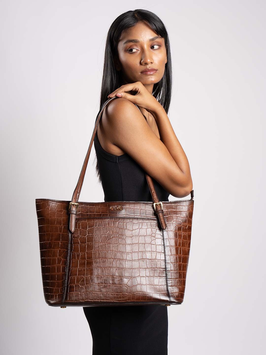 Eske Leather Textured Shopper Tote Bag, Tan