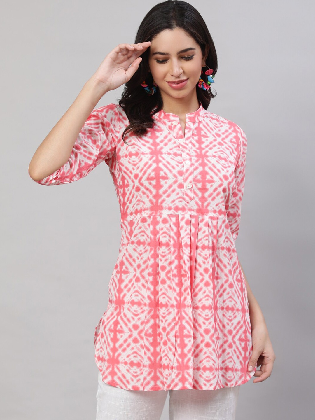 

THE NKS PLUS Geometric Printed Mandarin Collar Pure Cotton Pleated A-Line Kurti, White